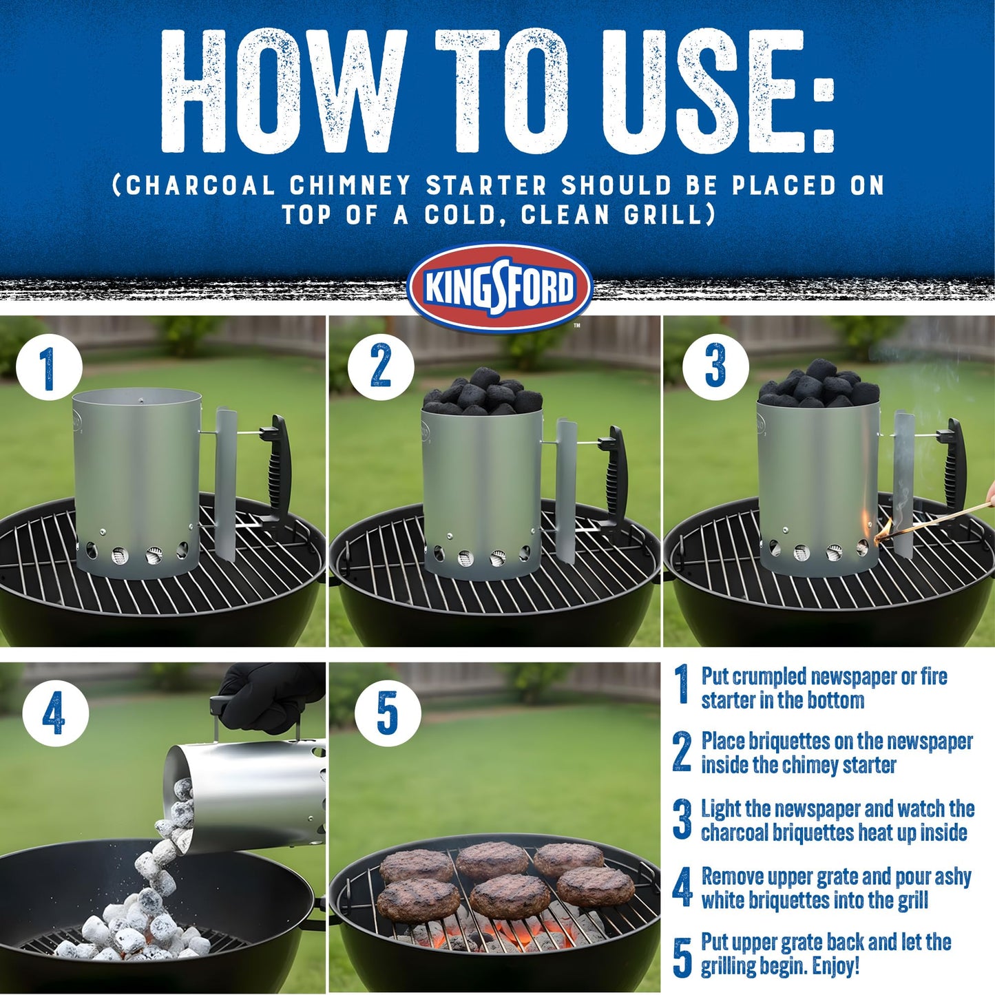 Kingsford Compact Charcoal Chimney Starter for Grills and BBQs, Dimensions 8.1 x 5.7 x 10 Inch, Quick-Light, Heat Shield, Stay-Cool Handle, Durable Zinc Steel, No Assembly