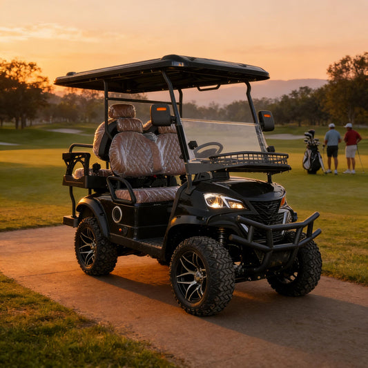 Black 4-Seater Electric Golf Cart with 5KW Motor 20 MPH Top Speed 44 Mile Long Range 60V, Advanced Suspension, Rear & Front Storage, IPS Display, Quick Charging for Recreational, Park, Hotel Shuttle