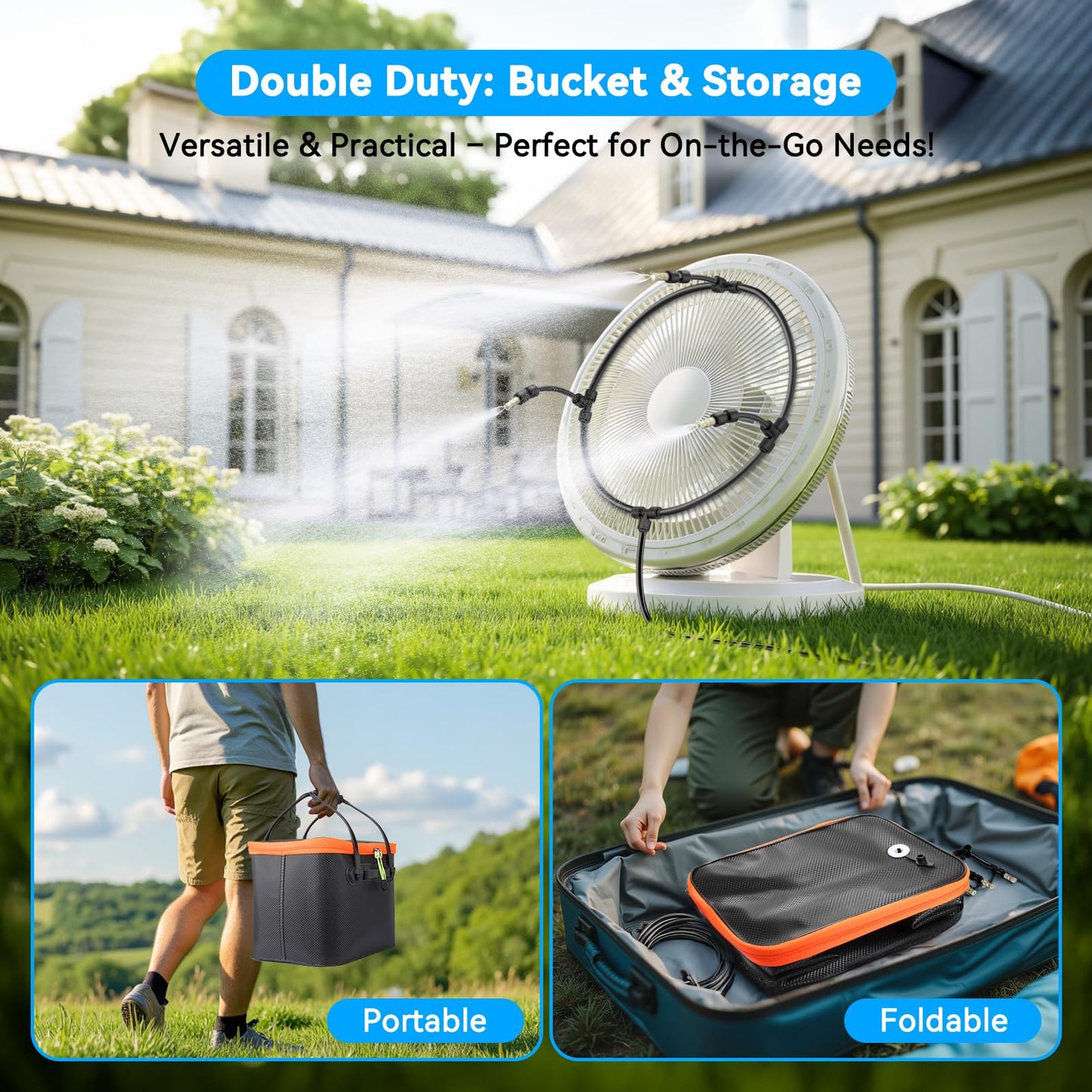 Ausic Portable Misting Systems, Outdoor Water Cooling Misters Set with 6000mAh Water Pump, 20L Bucket, 26FT (8M) Hose, 10*Clips/Ties for Sports/Patio/Umbrella/Pasture/Greenhouse/Canopy/Camping