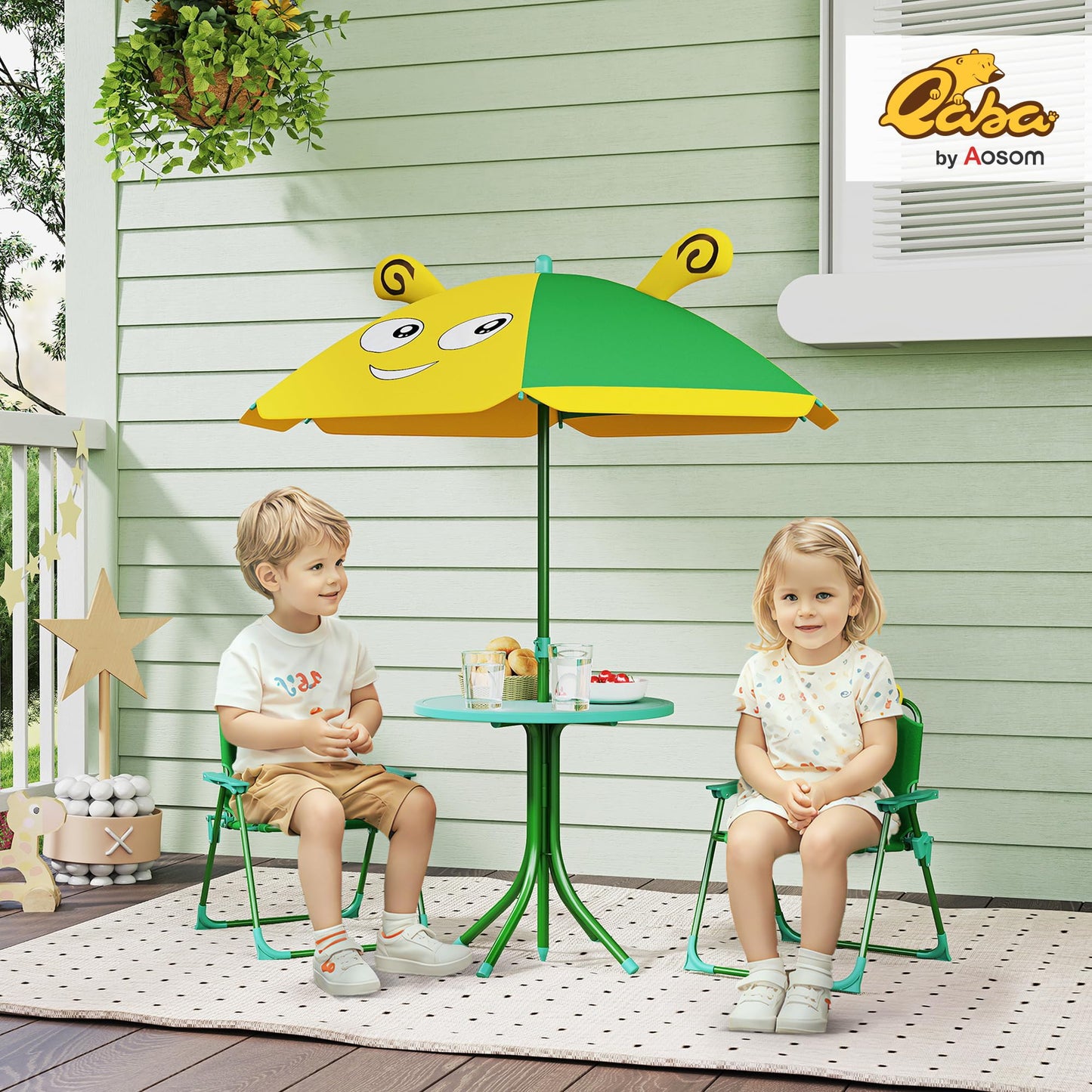 Qaba Kids Picnic Table and Chair Set, Outdoor Activity Table with Foldable Chairs, Removable Umbrella, Bee Pattern Toddler Patio Furniture for Backyard, Garden, Green