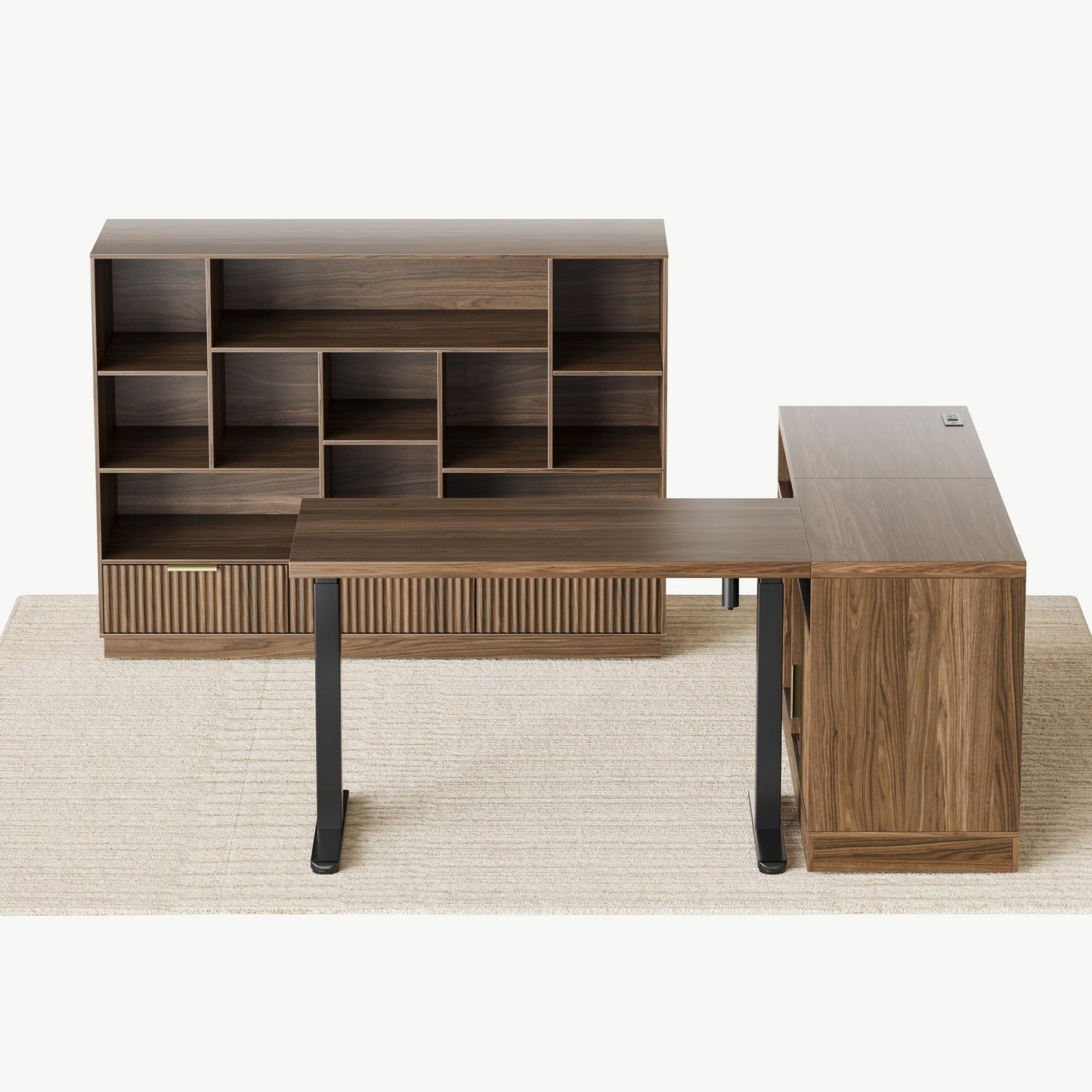 Perledesign Home Office Furniture Set, 67'' Standing Desk with 44'' Bookshelf, Electric Height Adjustable Desk with 2 File Cabinet, AC/USB and Bookcase with 3 Drawers, Fluted Style Black Walnut