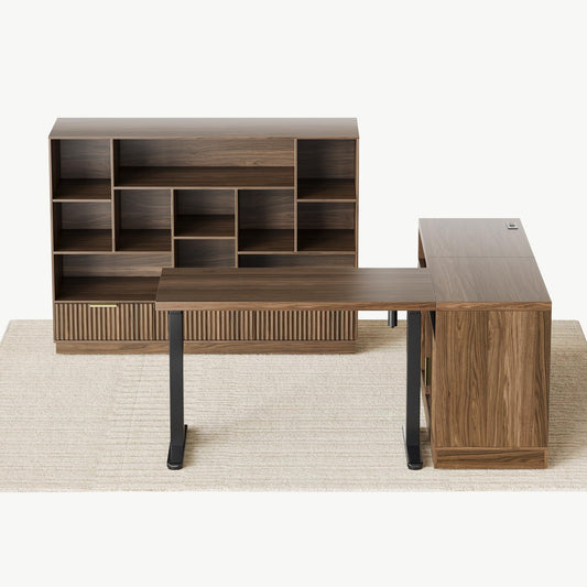 Perledesign Home Office Furniture Set, 67'' Standing Desk with 44'' Bookshelf, Electric Height Adjustable Desk with 2 File Cabinet, AC/USB and Bookcase with 3 Drawers, Fluted Style Black Walnut