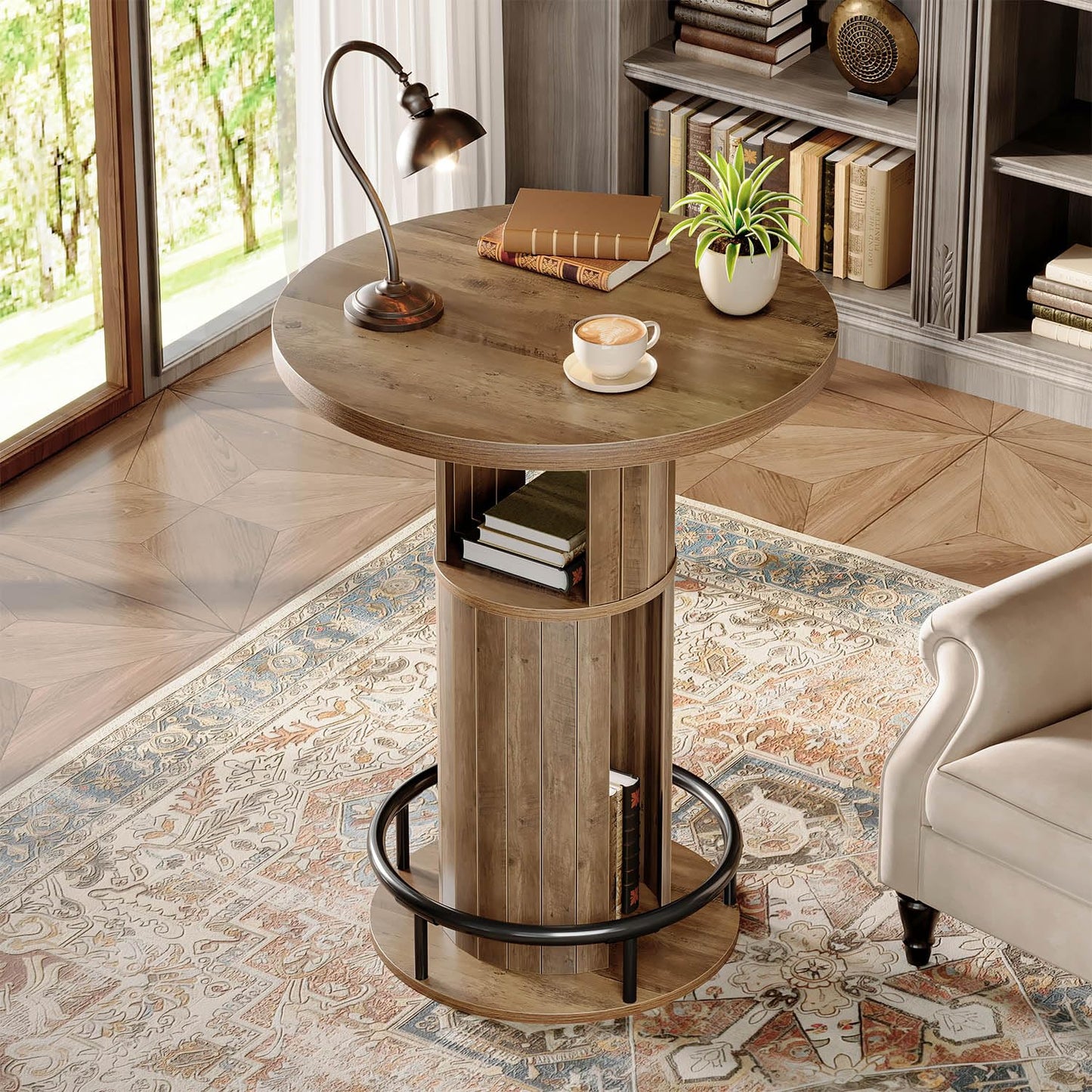 HSH Round Bar Table, 39.37" H Wood Pub Table with Storage & Metal Footrest, Modern Rustic Bar Height Bistro Cocktail Table for Coffee Bar, Kitchen Dining Room, Small Space, Rustic Oak (Table Only)