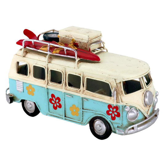NAUTIMALL Vintage Mini Camper Van Decor, Tropical Flower Decals, Coastal Beach Style Ornament for Shelf Table Home Decoration, Light Blue
