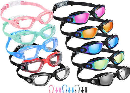 Konohan 10 Pack Swim Goggles for Kids Adults Anti Fog No Leak Silicone Swimming Goggles Glasses Ear Plugs Nose Clips for Pool(Assorted Colors)