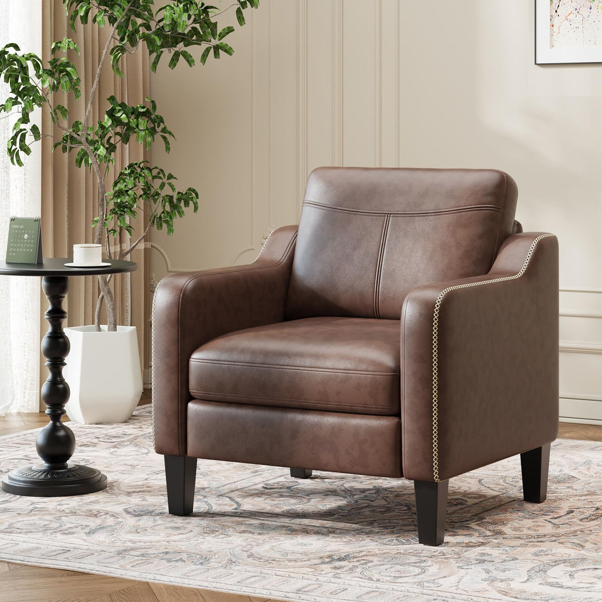 MALOL PU Leather Accent Chair Set of 2 with Wood Frame, Chocolate Brown