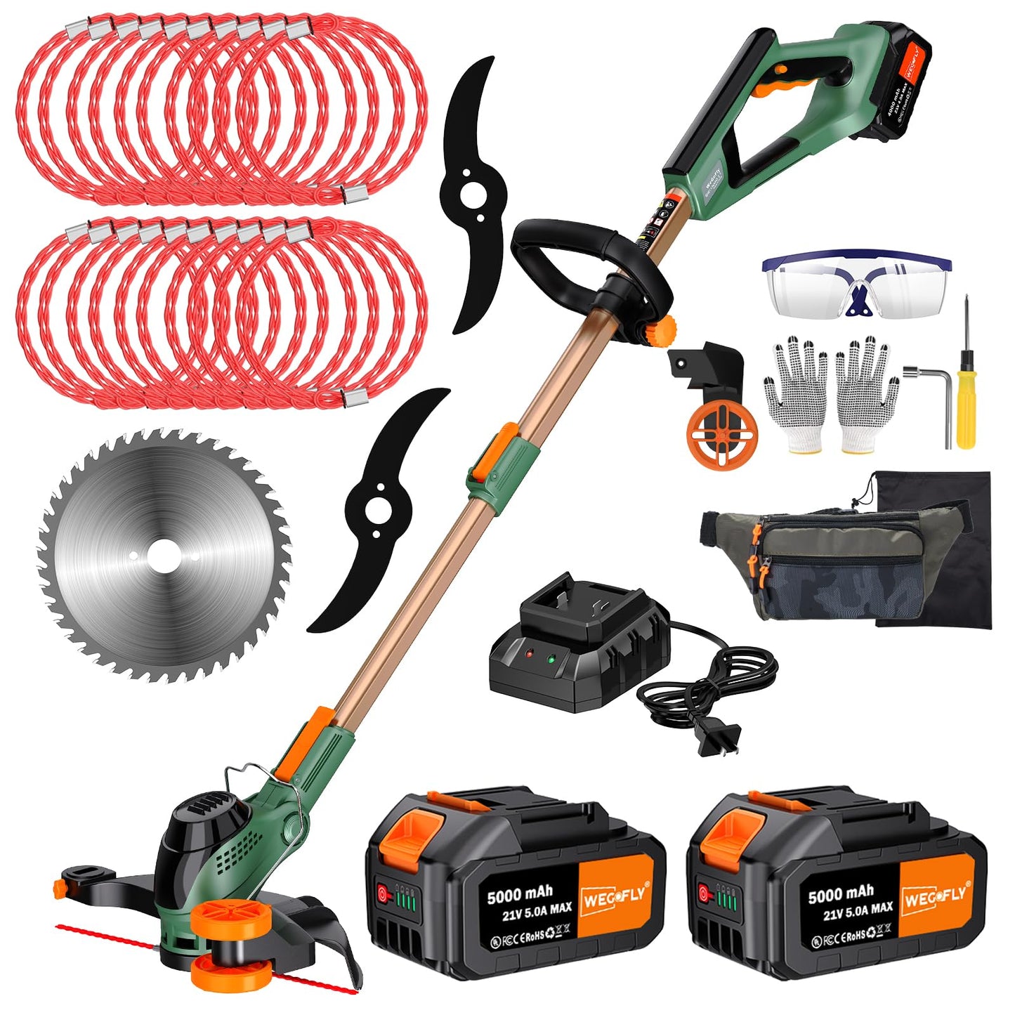 WeGofly 12" Electric Weed Wacker, 3 in 1 Cordless String Trimmer/Lawn Edger/Brush Cutter with Steel Gears, 2×21V 5.0Ah Batteries & Charger, 5.2 LBS Lightweight Grass Trimmer for Yard Garden