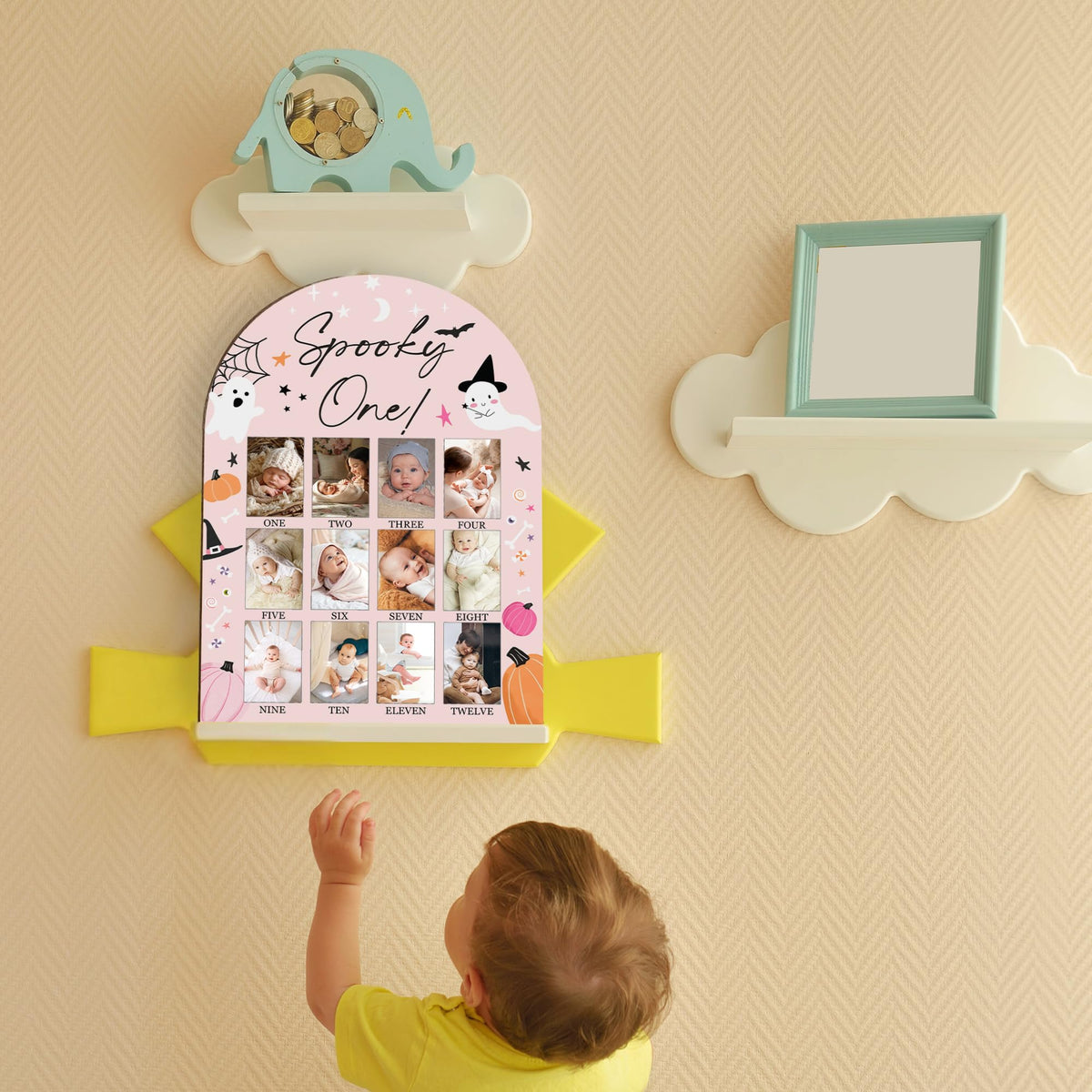 UIBOVA Halloween My First Year Photo Board, Spooky One Ghost Baby Milestone Signs for Boys Girls Nursery Decor, 12 Month Wooden Picture Board for 2x3 Photos, Best Babies Keepsake Gifts-A22