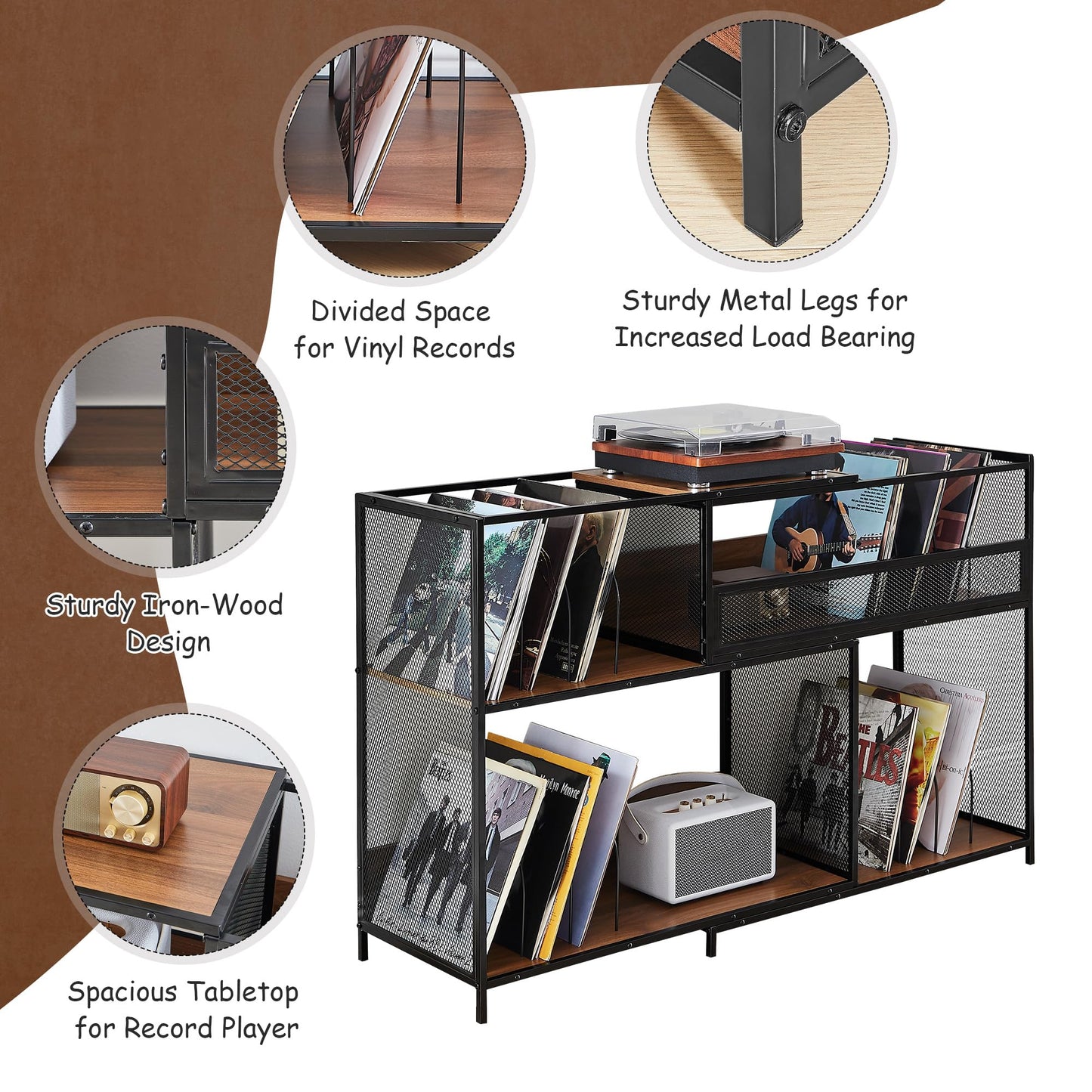 MAHYIZYI Record Player Stand with Vinyl Storage Cabinet, Stretchable 32-63'' Turntable Table Open Shelf Up to 450 Albums, Cube Storage Organizer for Living Room, Music room