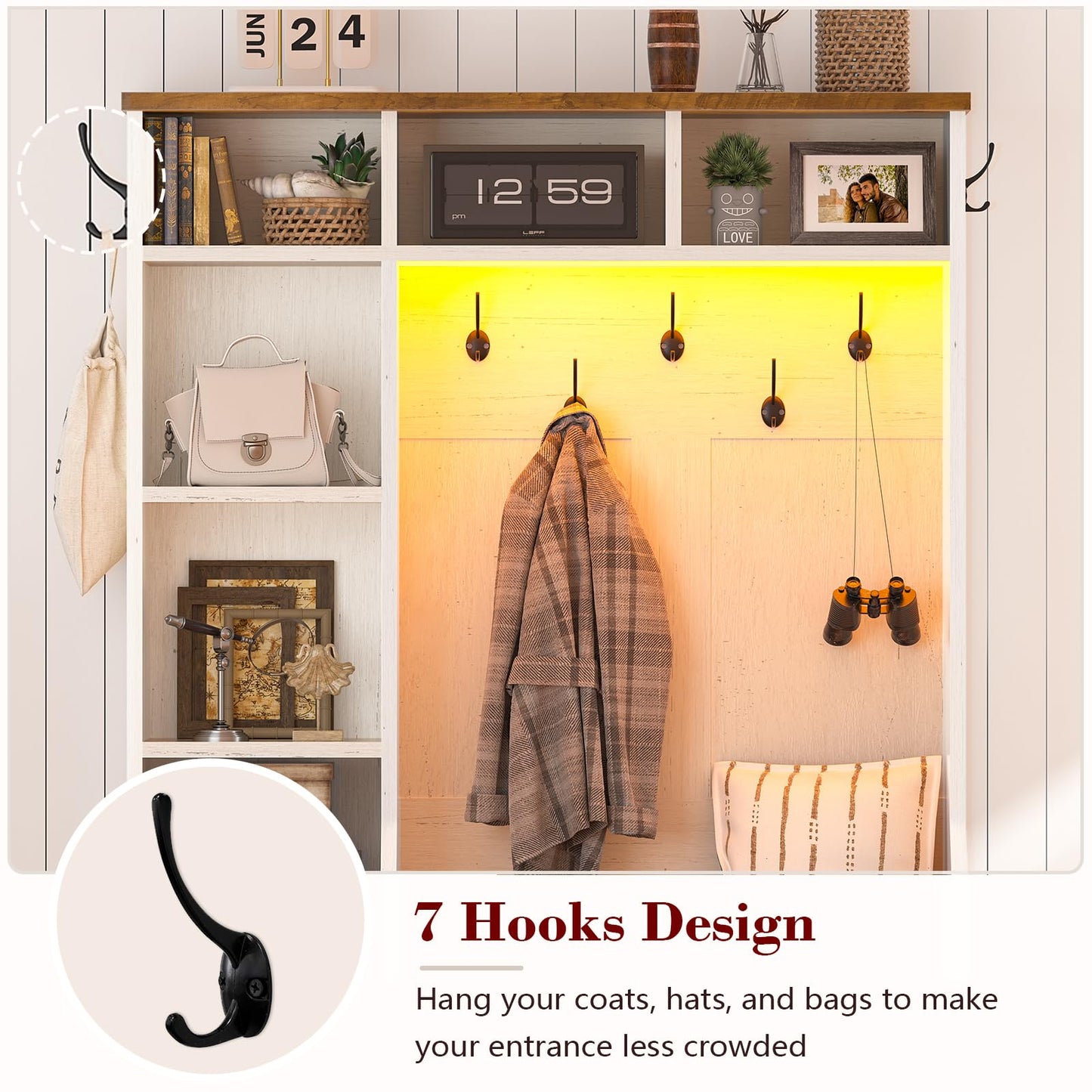 CSZZD Hall Tree with Bench and Shoe Storage, Farmhouse Entryway Bench with Coat Racks and Led Lights, Tall Hall Tree with 7 Coat Hooks, 6 Storage Cubbies, Adjustable Shelf