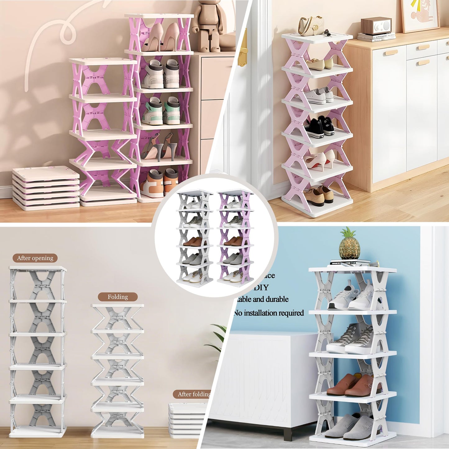 RILUKICH Shoe Rack, Collapsible Kids Shoe Rack, 6-Tier Small Foldable Shoe Organizer for Entryway, Dorm, Bedroom (Pink-x)