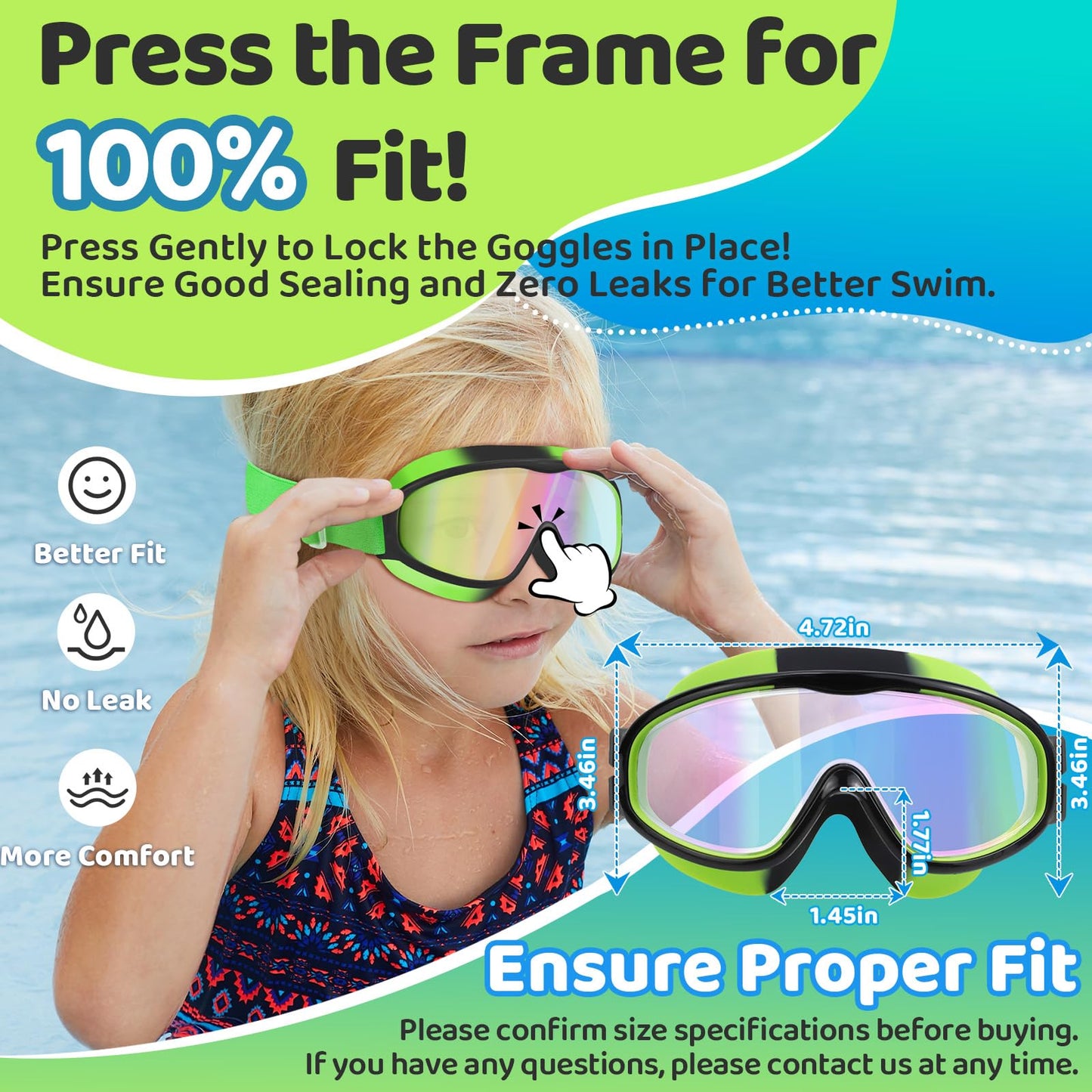 Vvinca Kids Swim Goggles 2 Pack, No Hair Pulling Comfort Fabric Strap Swimming Goggles for Kids Age 3-14, Anti-Fog/UV No Leaking Wide View Swim Mask for Toddler Boys Girls, Summer Pool Essentials