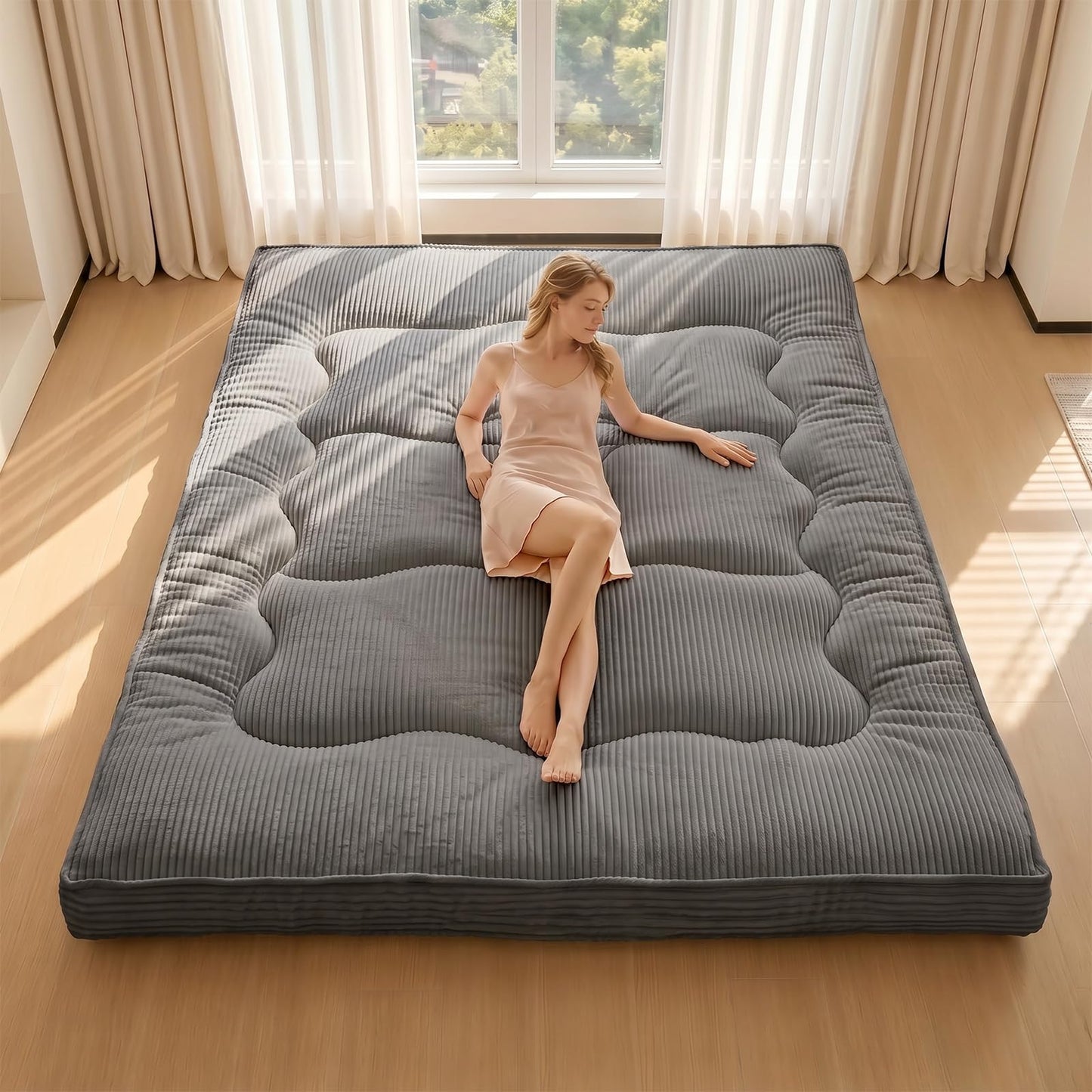 feliz home Japanese Floor Futon Mattress,4 Inch Memory Foam Mattress Topper Full,2 Inch Firm Cooling Gel Memory Foam and 2 Inch Soft Down Alternative for Back Pain Relief,Medium Support,Grey