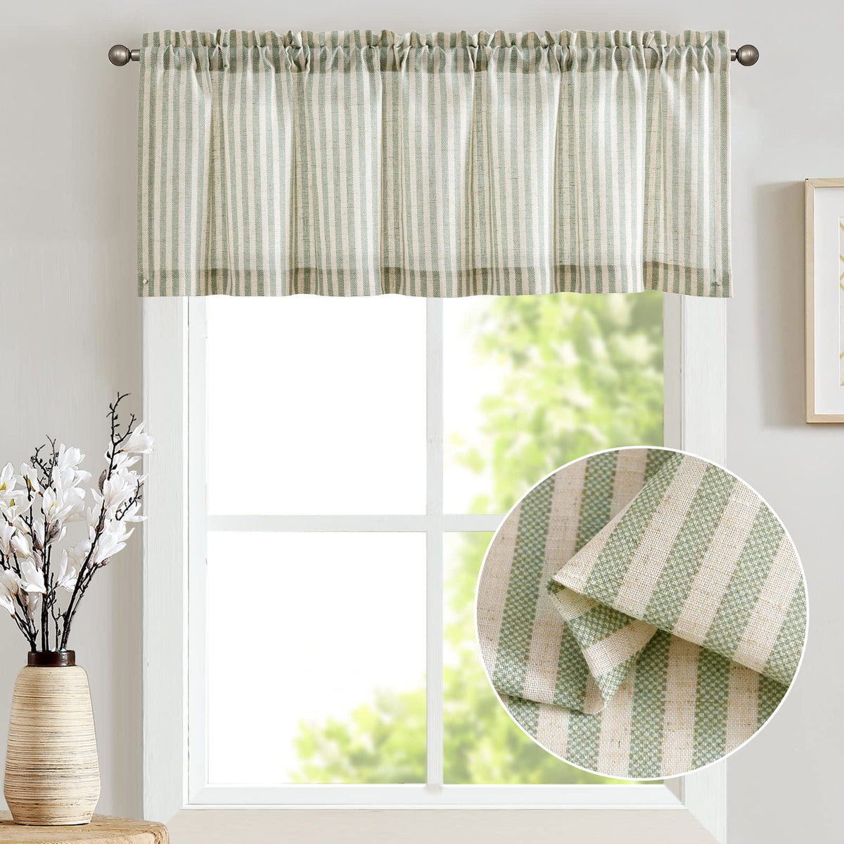 jinchan Linen Boxter Stripe Valances for Window 16 inch,Sage Green,1 Panel