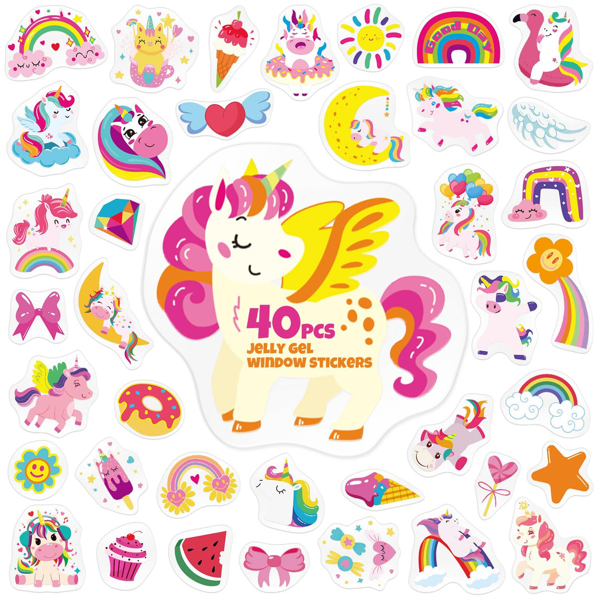 40PCS Unicorn Jelly Window Stickers for Kids, Rainbow Pony Gel Clings for Toddlers Glass Windows, Thick Reusable Clings for Girls Room Decor, Quiet Travel Toys Birthday Gift