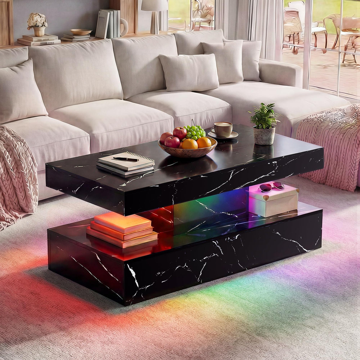 Fabulcozy 40" Modern Coffee Table with Storage Shelf, Faux Marble Fixed‑Top Center Table with LED Ambient Light, 2‑Tier Versatile Accent Table for Living Room & Small Spaces, Black