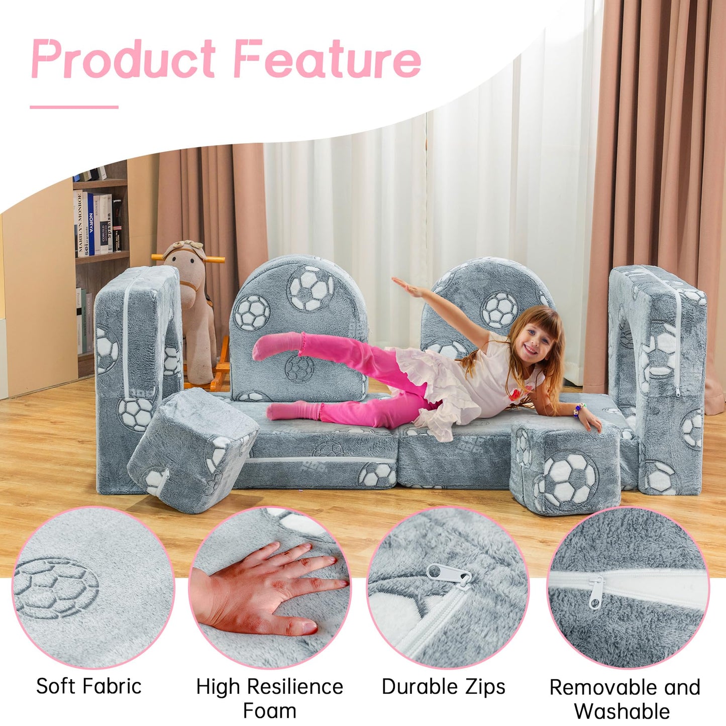 furlinkhm Modular Kids Play Couch, Kids Couch for Playroom Bedroom, Glow in The Dark, 5 Seconds Instant Expansion, Glowing Football, Grey