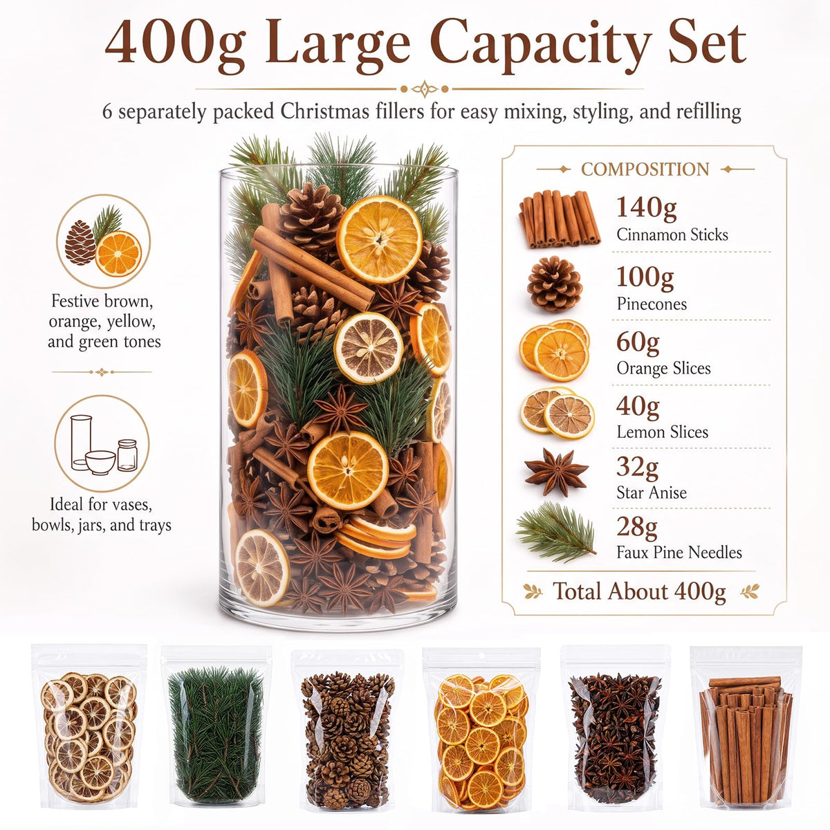 Yunlly 6 Pack Christmas Potpourri Vase Bowl Filler Set, 14oz Potpourri Bag
