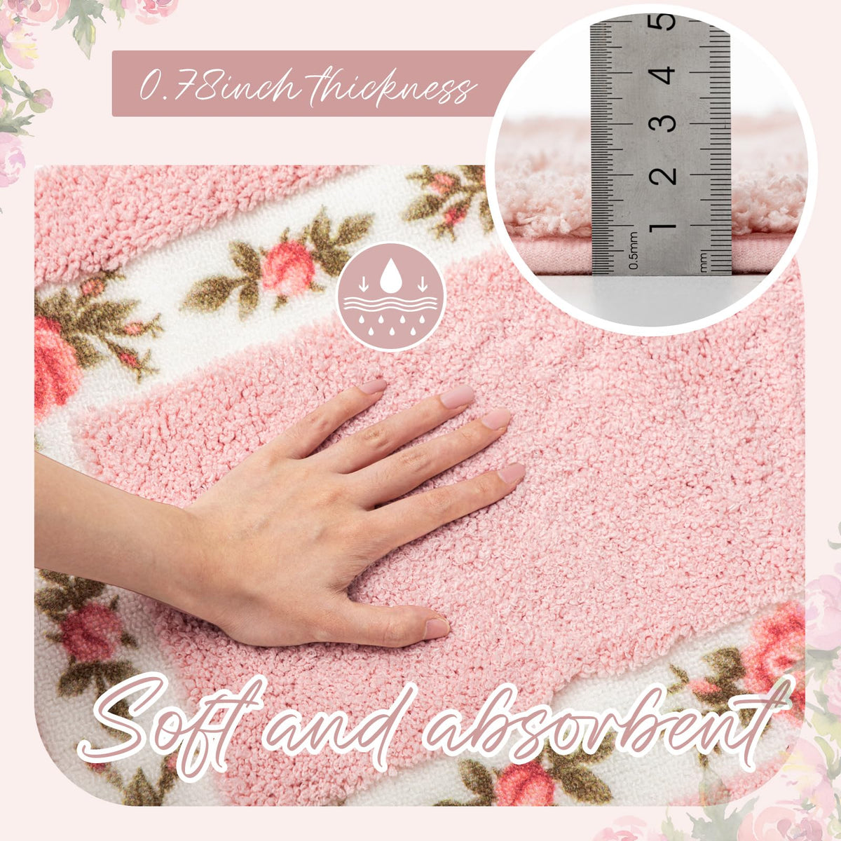 Drydiet 3 Pcs Floral Bathroom Rugs Set, Pink Non Slip Bath Mats, Pink