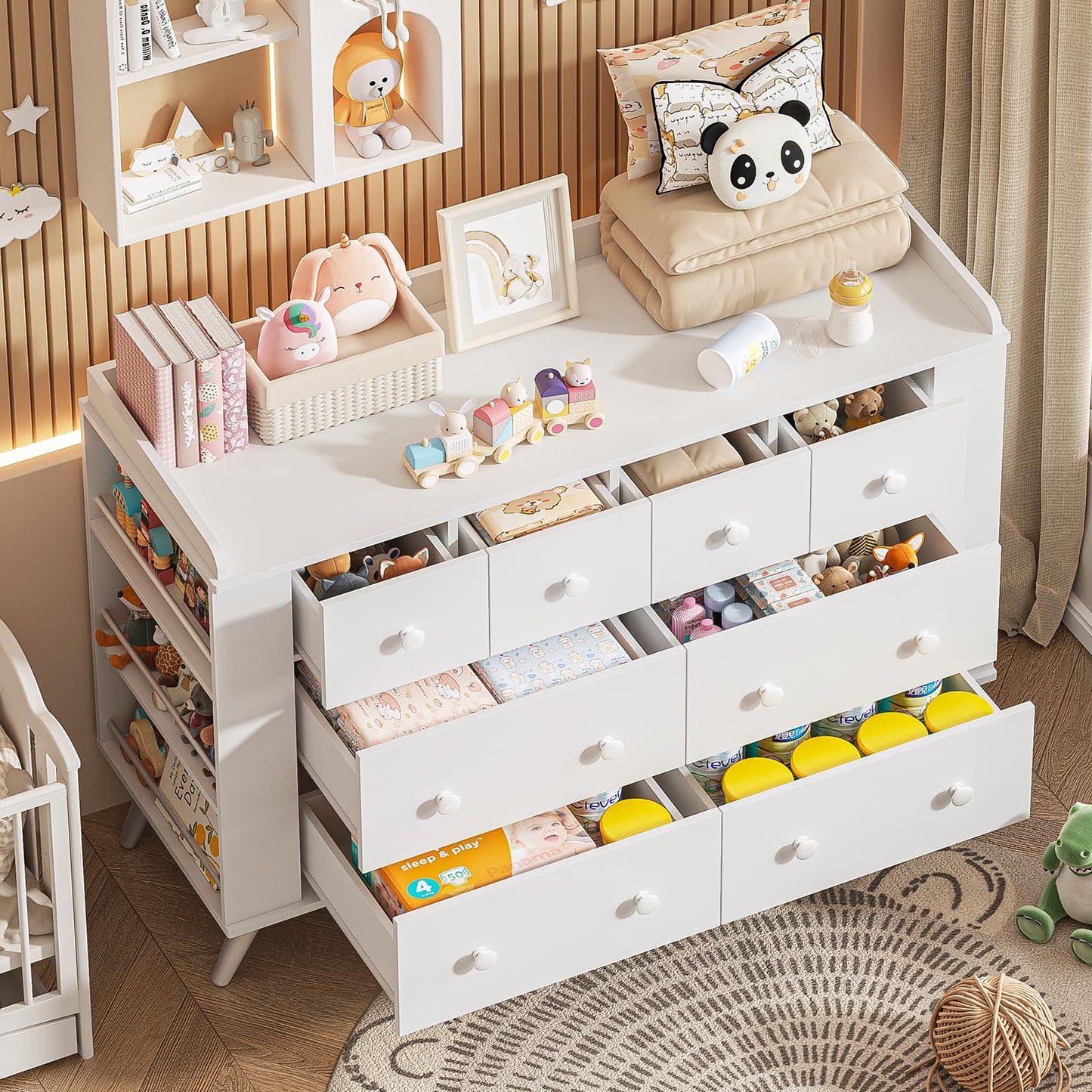 Halitaa Kids Dresser Cabinet with 8 Drawers, White Chest of Drawers with Open Shelving, Baby Dresser, Kids Bedroom Furniture, Nightstand for Child' s Room, White