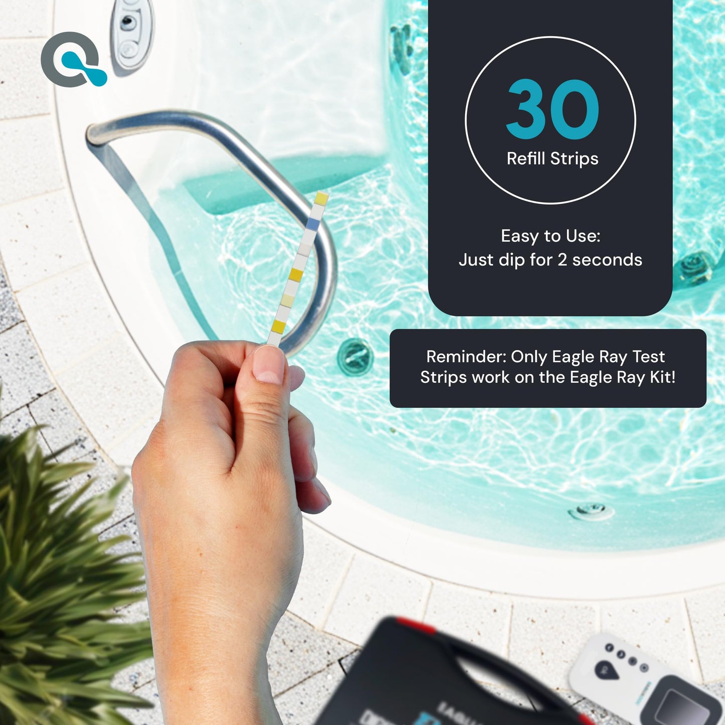 Eagle Ray Digital Water Test Kit for Pool & Spa by AquaDoc with Digital Water Tester and 30 Pool & Hot Tub Test Strips for Chlorine, Bromine, Total Hardness, Cyanuric Acid, Alkalinity and pH