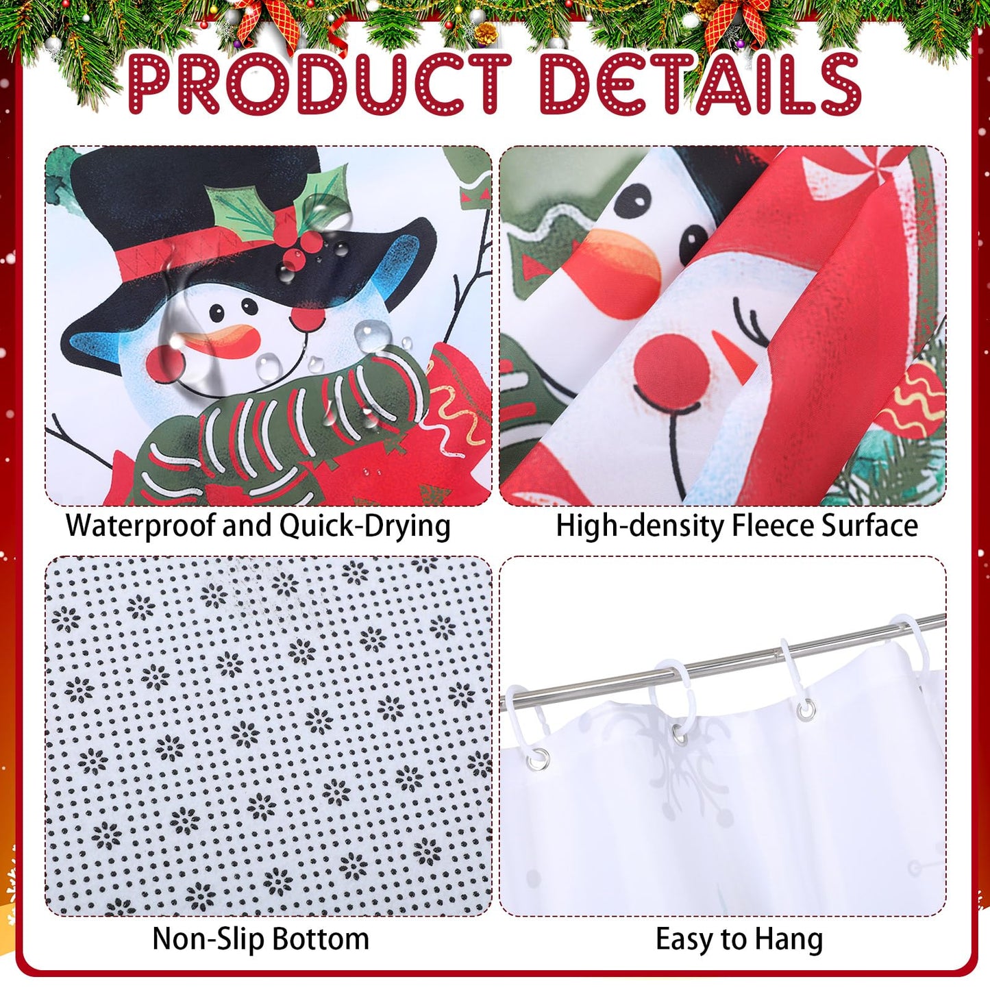 Tiamon 7 Pcs Christmas Snowman Shower Curtain Set with Rugs Toilet Mats