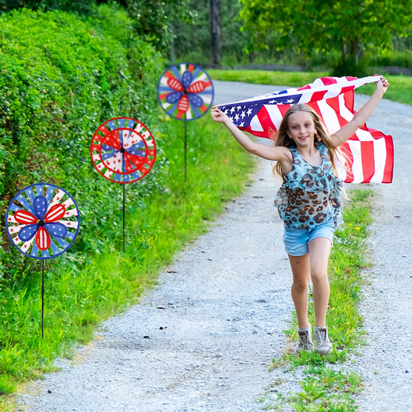 winemana 3 Pack Patriotic Pinwheel for Independence Day, 4th of July Decor Double Spinner Wheel, American Flag Red White Blue Star Décor Outdoor Yard Patio Garden Lawn (12" x 29")