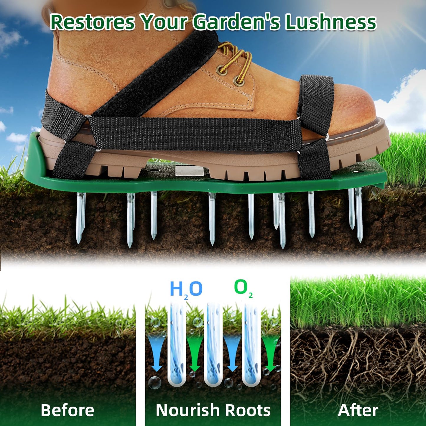 Ohuhu Lawn Aerator Shoes with Hook & Loop Straps, All New Unique Design Free-Installation Heavy Duty Spiked Aerating Sandals, One-Size-Fits-All for Yard Patio Lawn Garden