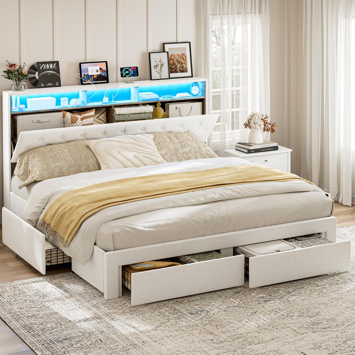 AOVSA California King Bed Frames with 4 Drawers, Hidden Storage Headboard with LED Lights and Charging Station, Upholstered Cal King Platform Bed, Noise Free, No Box Spring Needed, White