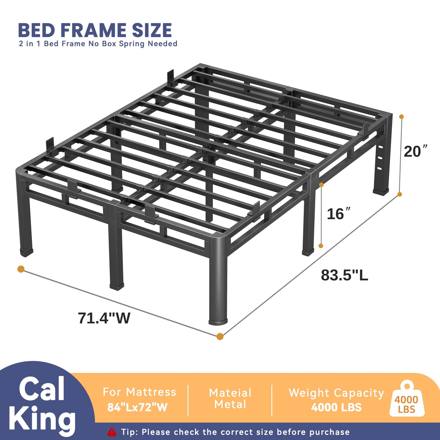 Anyroom 20 Inch Cal King Bed Frame, Double Layer Heavy Duty Metal Bedframe 4000 lbs Capacity, Platform Bed Frames with Headboard Holes, Round Corner Legs, Mattress Slide Stopper, Easy Assembly，