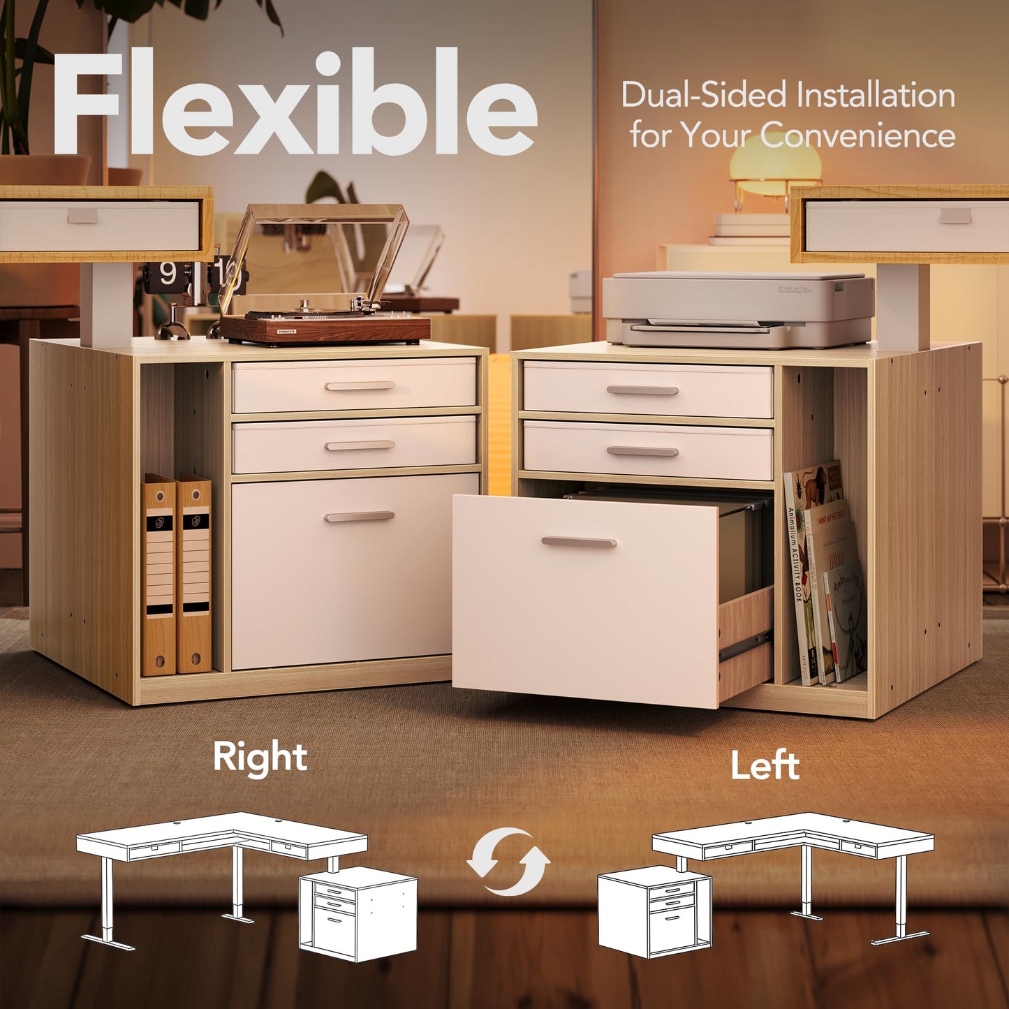 HUANUO Electric L Shaped Standing Desk with File Cabinet, 83" x 55" Height Adjustable Sit Stand up Desk with LED Strip, Power Outrlets & Cable Management Tray, Corner Computer Table, Light Walnut