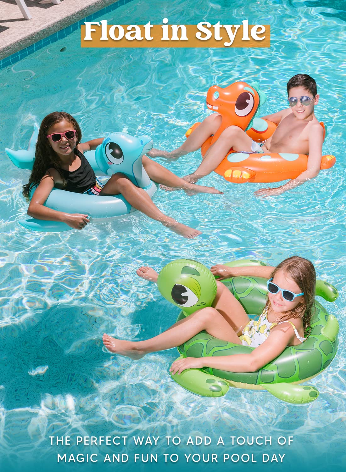 SLOOSH 3-Pack Inflatable Pool Tubes Floats - Dinosaur & Sea Turtle & Dolphin Swimming Rings for Kids Toddler, Pool Beach Water Float Party in Summer Decorations 32"