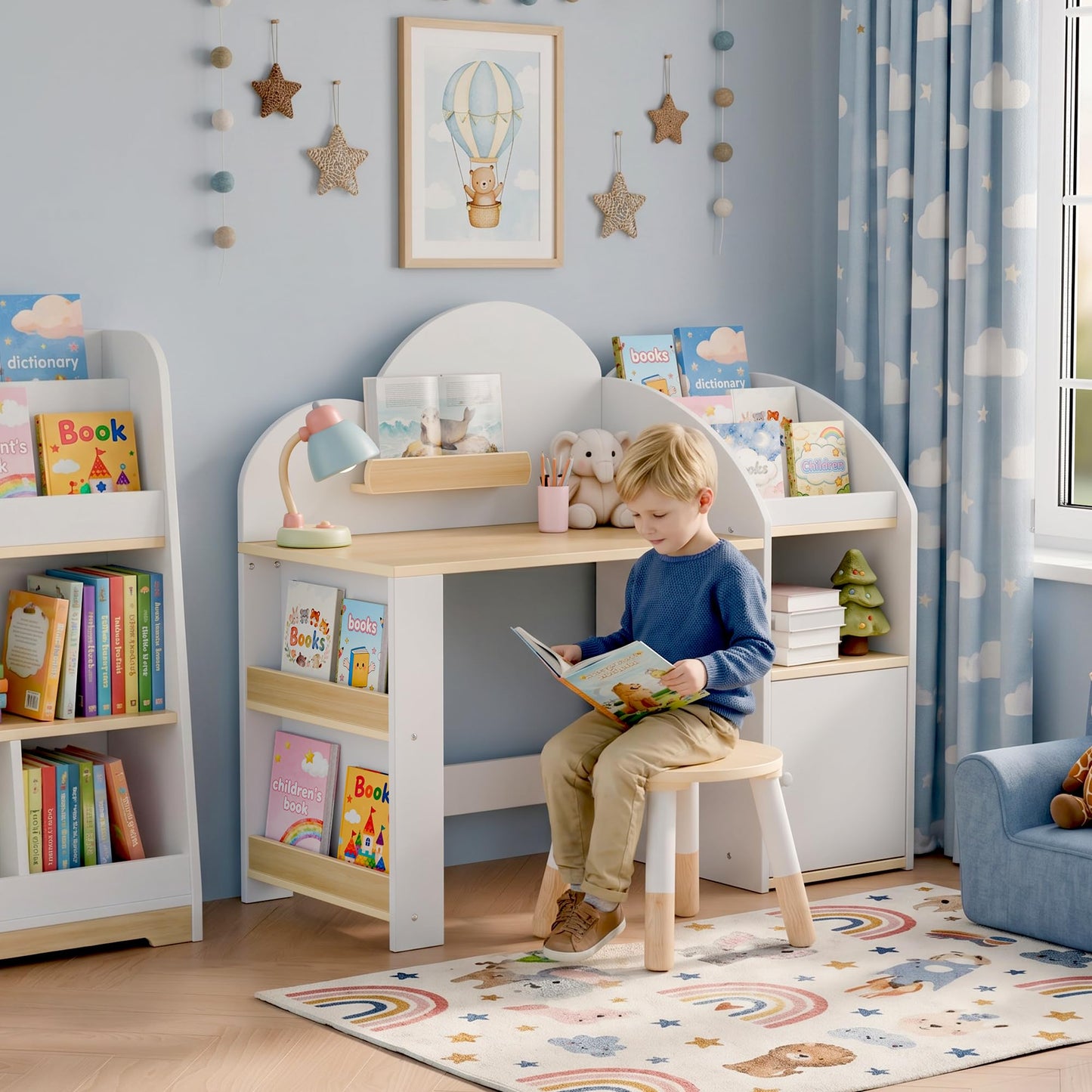 Kids Desk and Chair Set with 2 Bookshelves, Student Study Table and Stools, Toddler Study Desk with Storage, Wooden Kids Desk and Chair Set with 2 Cabinets for Ages 3-8, Boys, Girls (One Child)