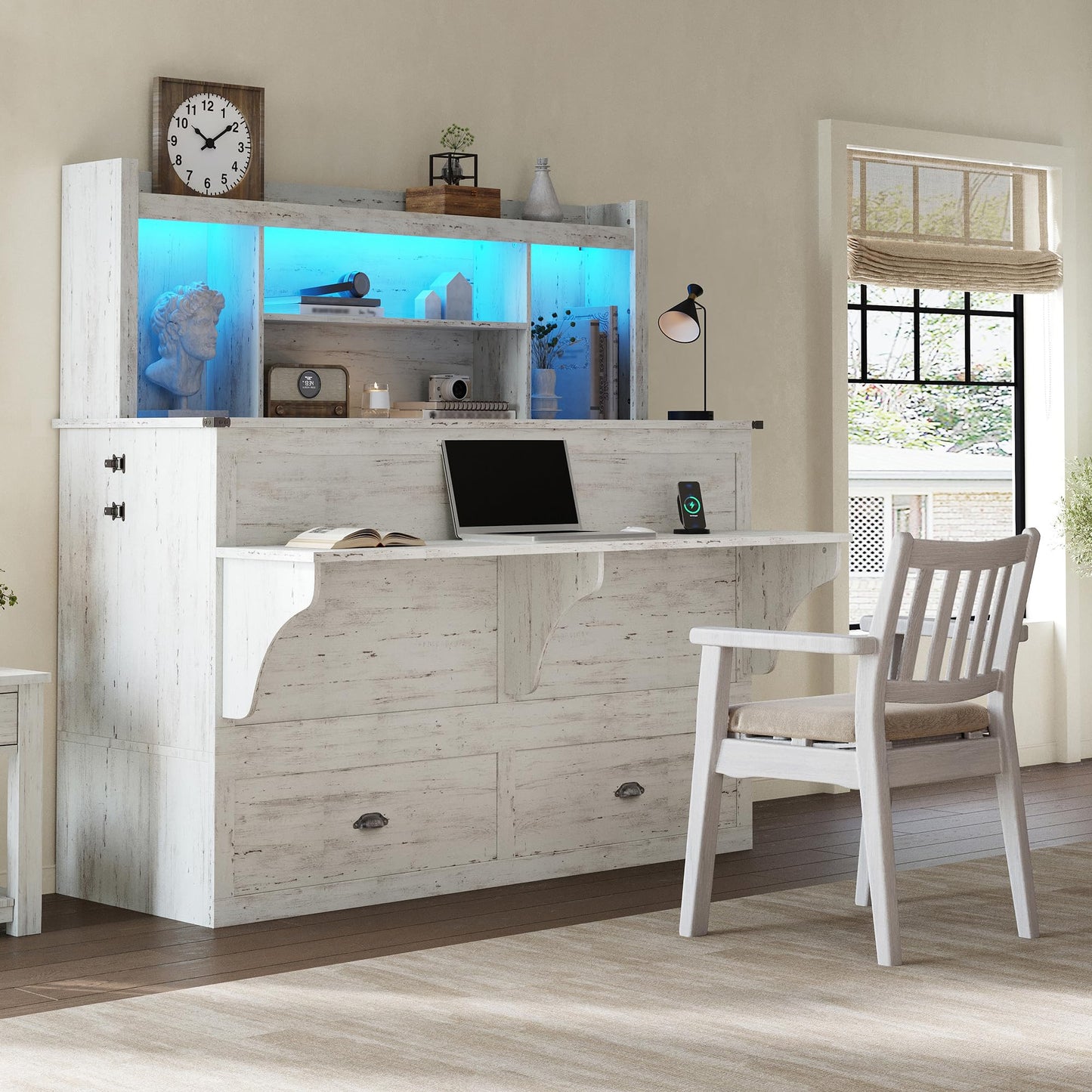 AMERLIFE Full Murphy Bed with Bookcase Headboard & LED Light, Farmhouse Cabinet Bed with Storage Drawer, Charging Station and Desk for Home Office/Guest Room/Small Spaces, White
