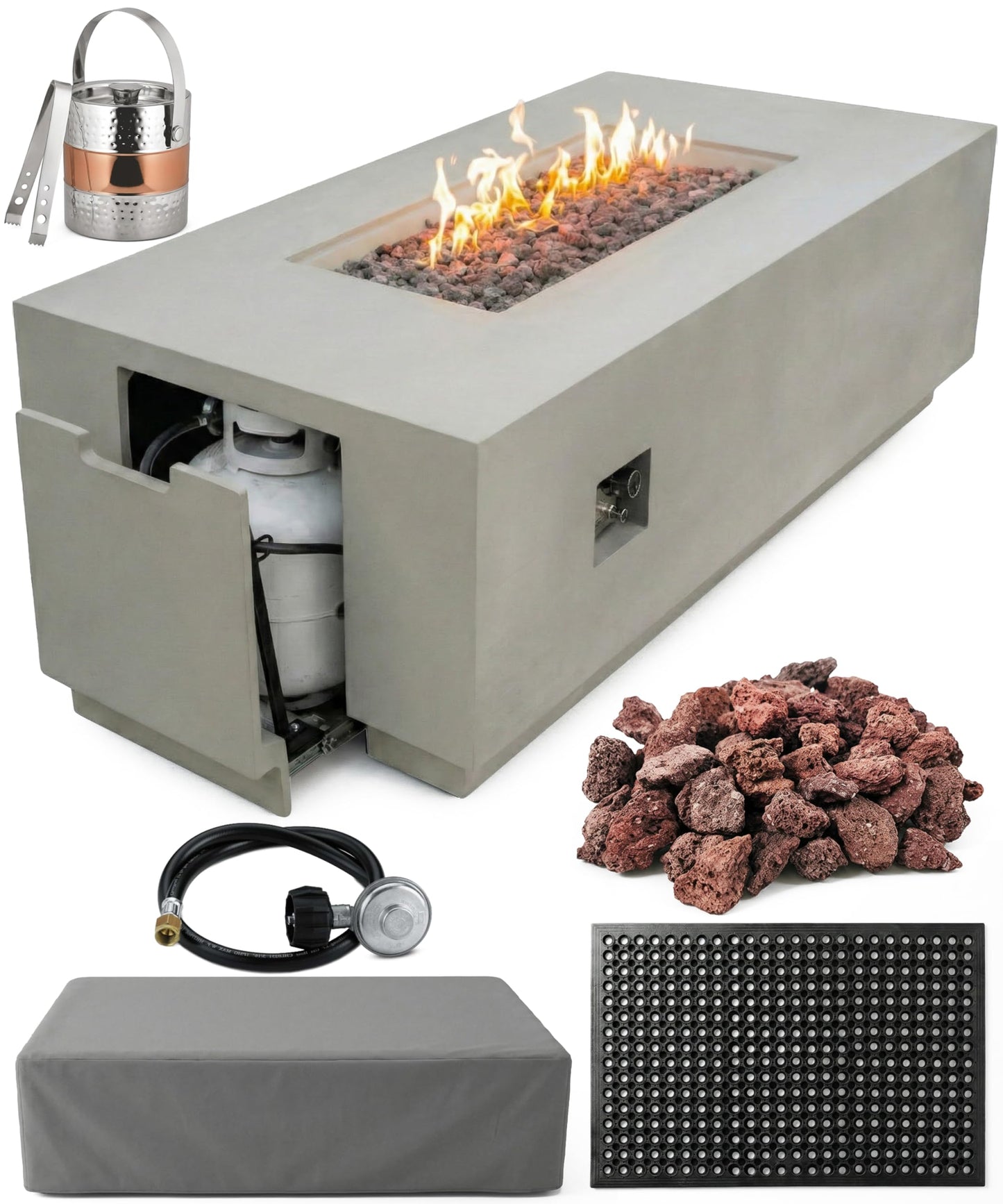 AMS 66" Rectangular Propane Fire Pit Table for Outdoor Patio (Light Gray)