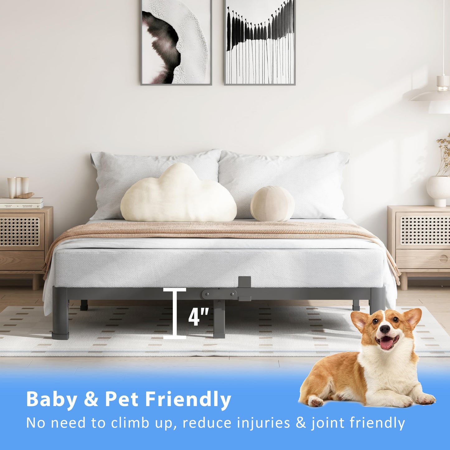VIPSHOW 4 Inch Full Size Bed Frame, 3500Lbs Heavy Duty Metal Platform with Round Corner Legs Mattress Slide Stopper, Steel Slat Support No Box Spring Needed, Noise Free, Non-Slip, Easy Assembly
