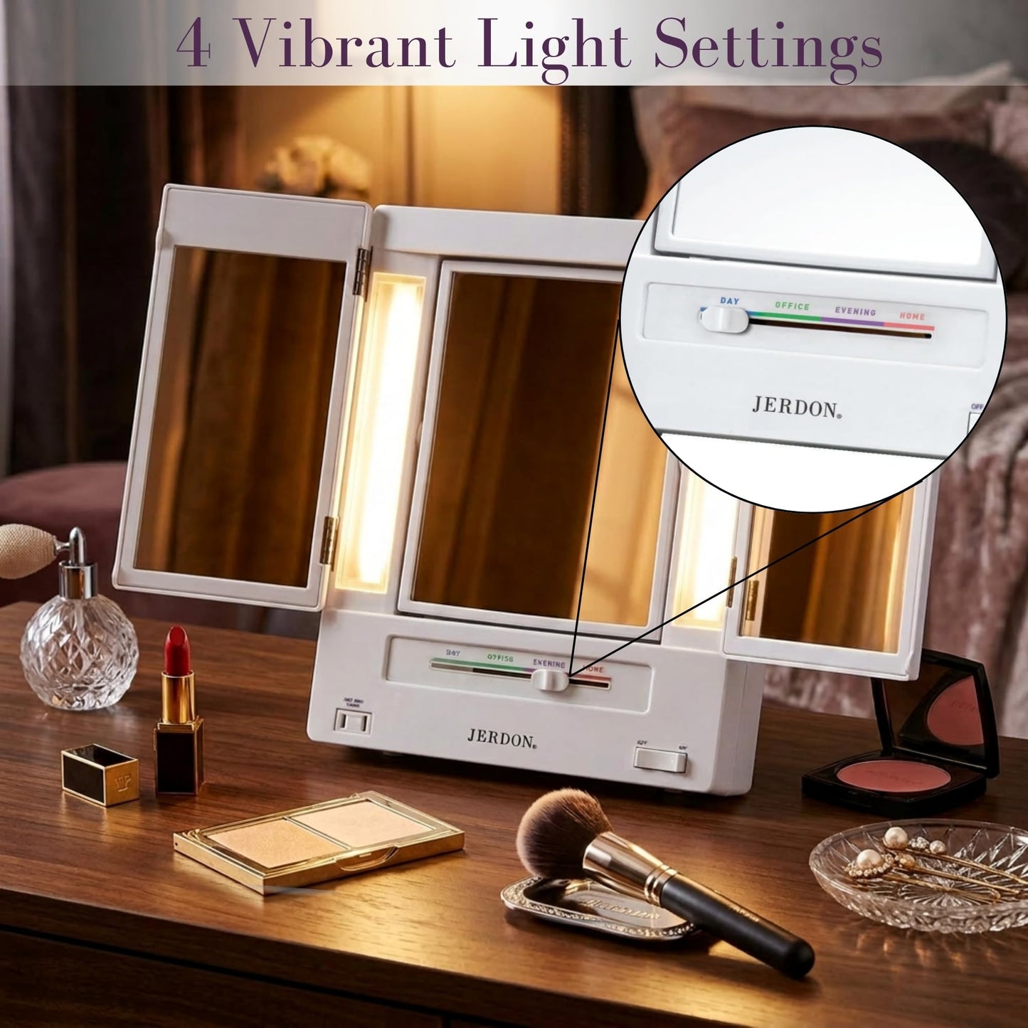JERDON Tri-Fold Two-Sided Makeup Mirror with Lights - Vanity Mirror with 5X Magnification & Multiple Light Settings - White Base - Model JGL9W