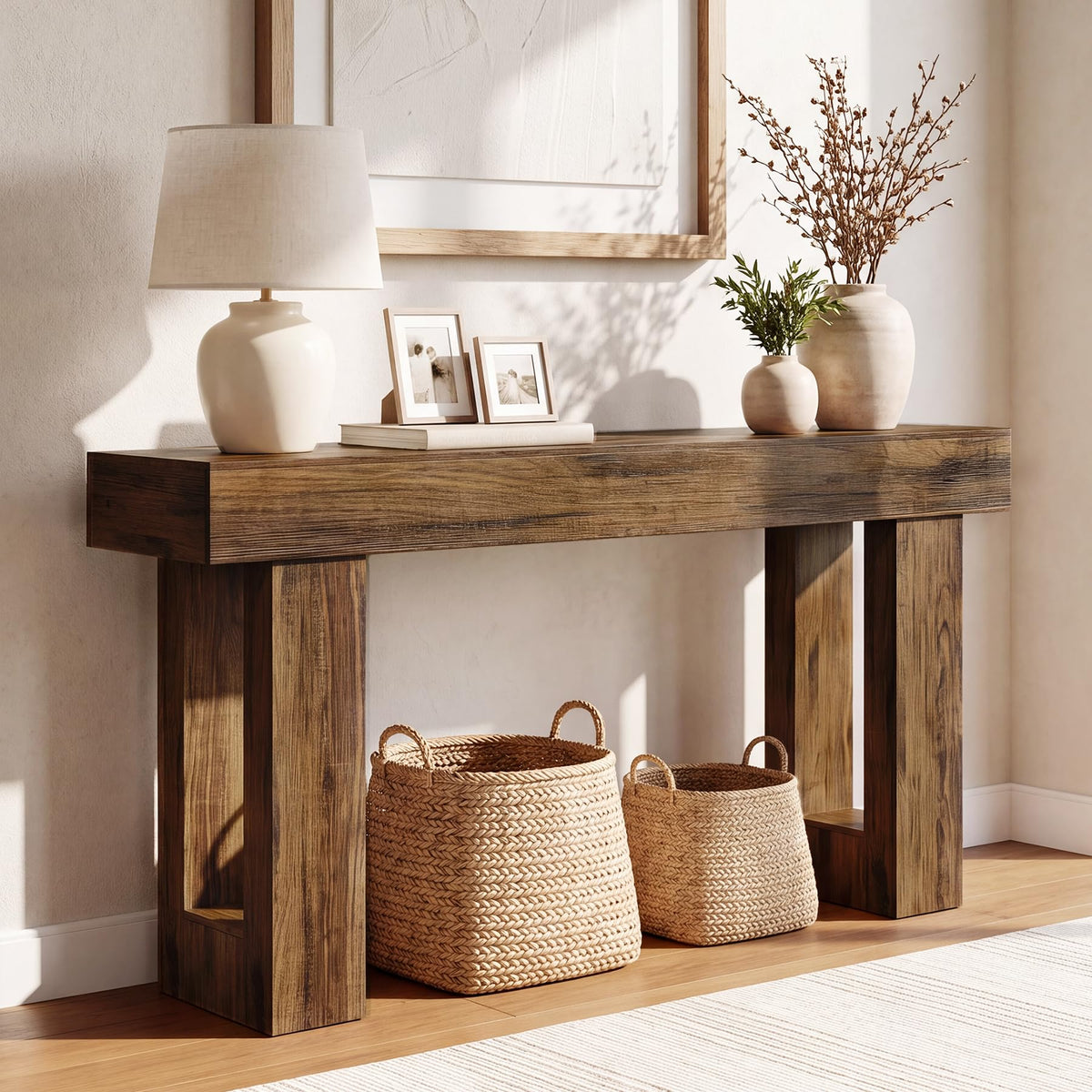 LITTLE TREE 63 Inches Long Sofa Table, Industrial Console Table for Entryway, Wooden Sofa Table for Living Room, Behind Couch Table, Rectangle Hallway Foyer Table for Entrance, Rustic Brown