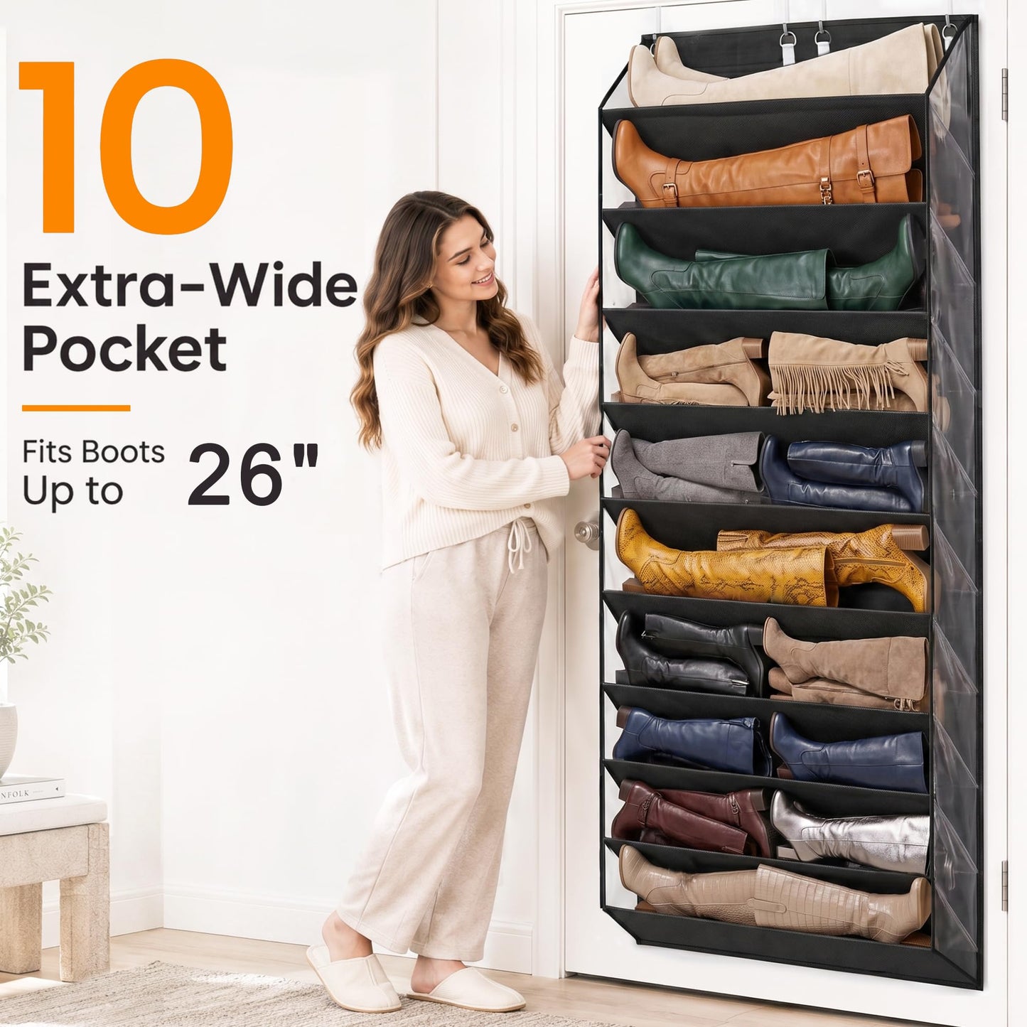 UVIAHOMI 30-40 Pairs Over the Door Shoe Organizer, Clear Pockets Hanging Shoe Storage for Closet, 10-Tier Door Shoes Rack, Handing Shoes Holder Fit All the Family's Sneakers, Boots, Heels, Black