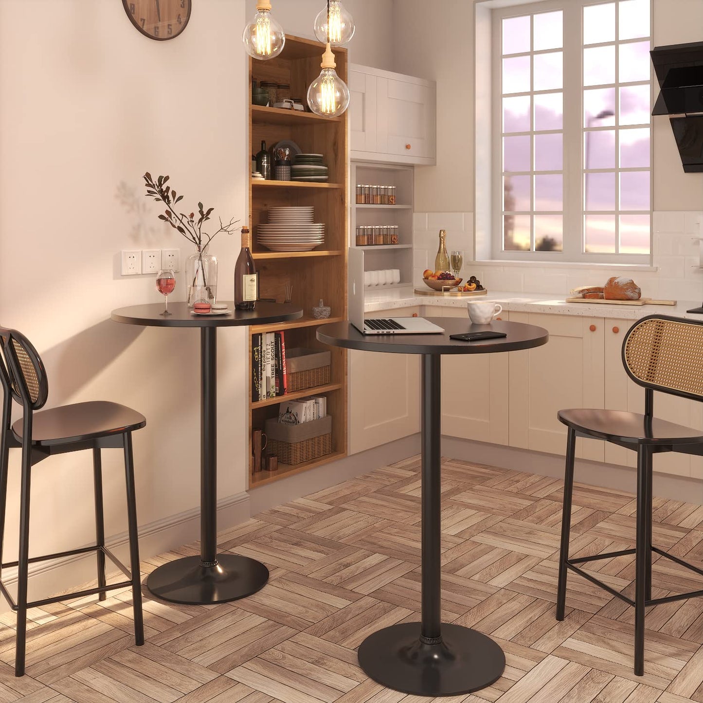 Furmax Bistro Pub Table 2 Pack Round Bar Height Cocktail Table Metal Base MDF Top Obsidian with Black Leg 23.8-Inch Top, 39.5-Inch Height (Black)