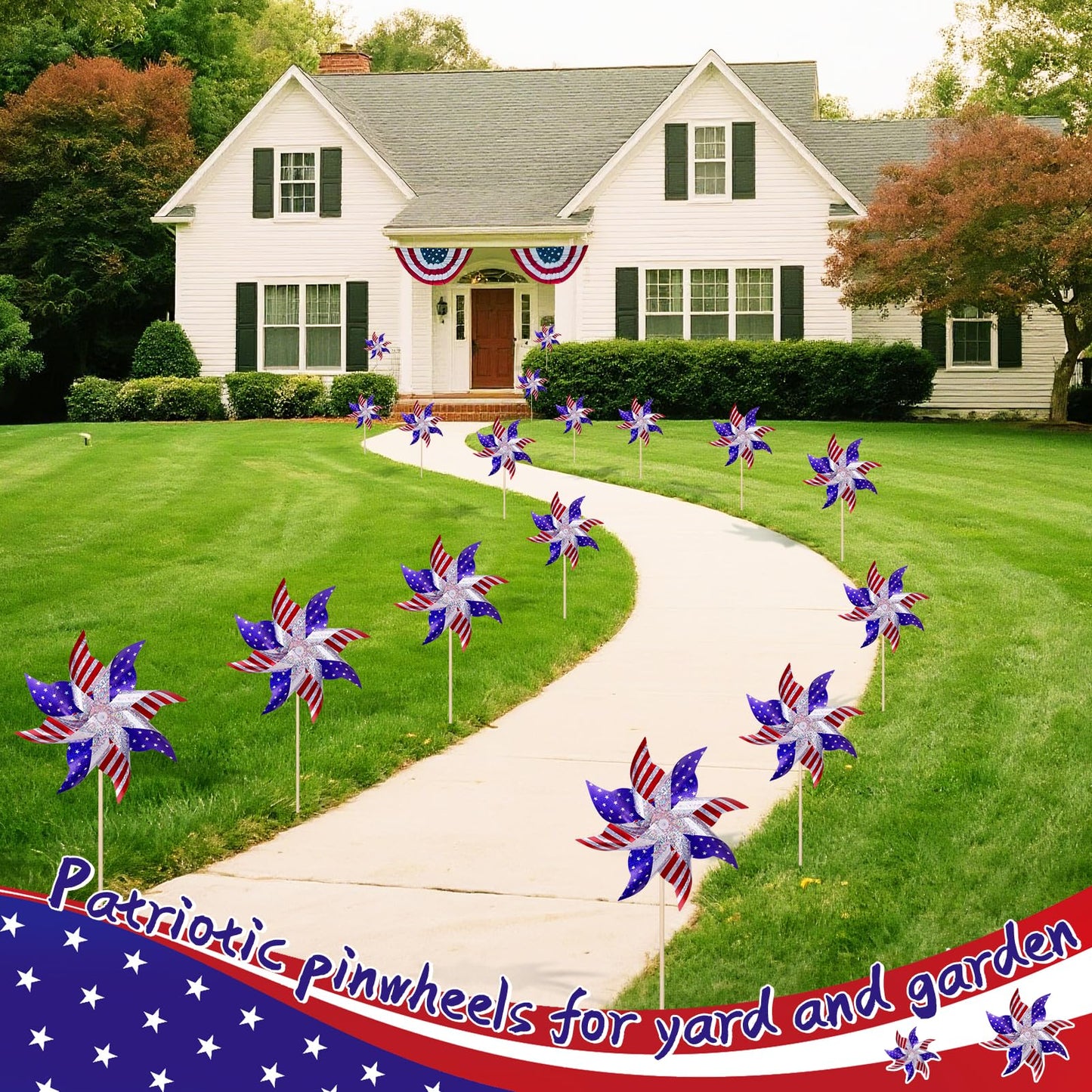 Reflective Patriotic Pinwheels 4th of July Decorations 12 Pack Red White and Blue Windmills Decorations Wind Spinners for Yard Garden,Independence Day, Memorial Day