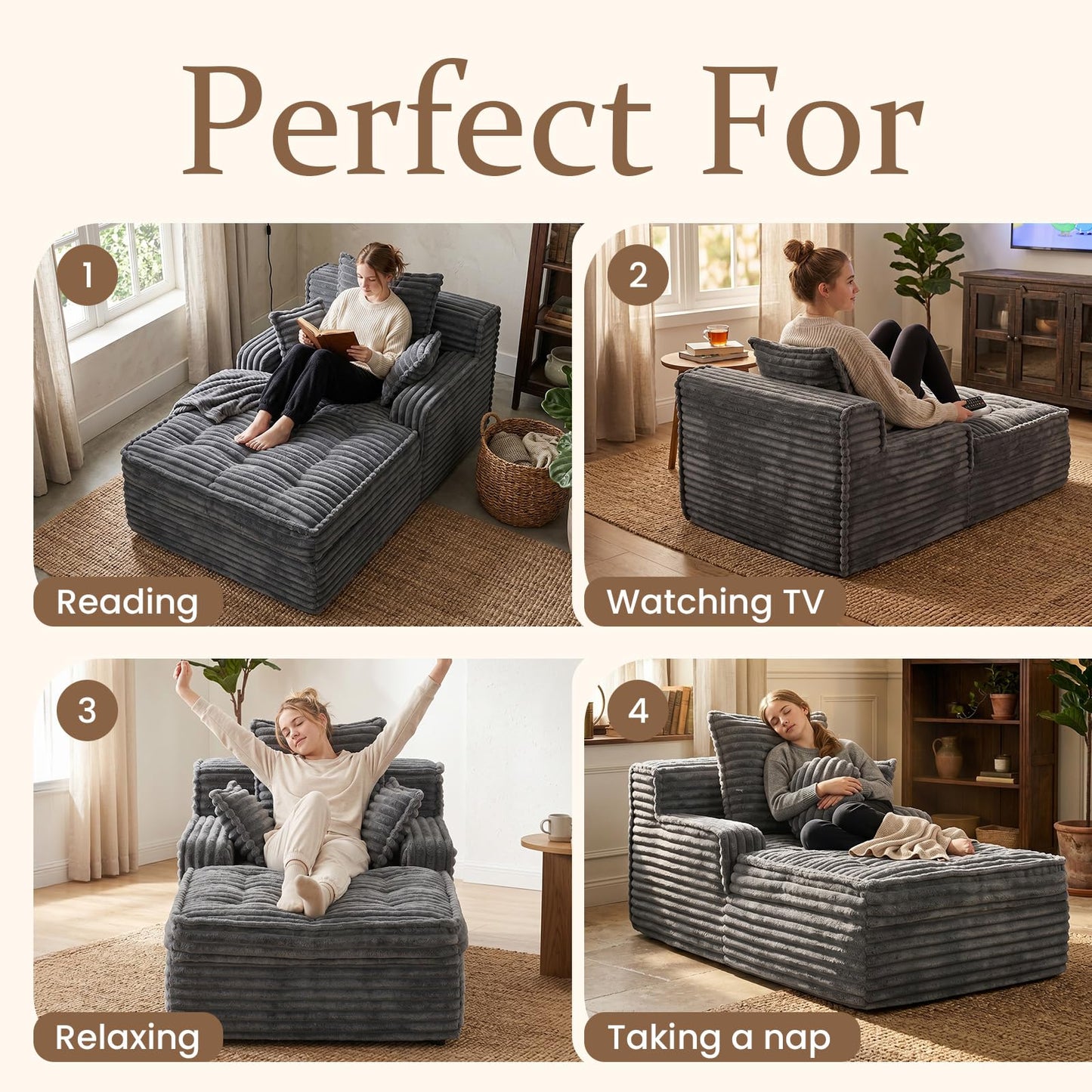 feliz home Boneless Chaise Lounge Couch Indoor, Small Corduroy Upholstered Sleeper Sofa Bed Reading Chairs with 3 Pillows, Fluffy Comfy Cloud Sofas Couches, Compression Boneless Sofa for Small Corner