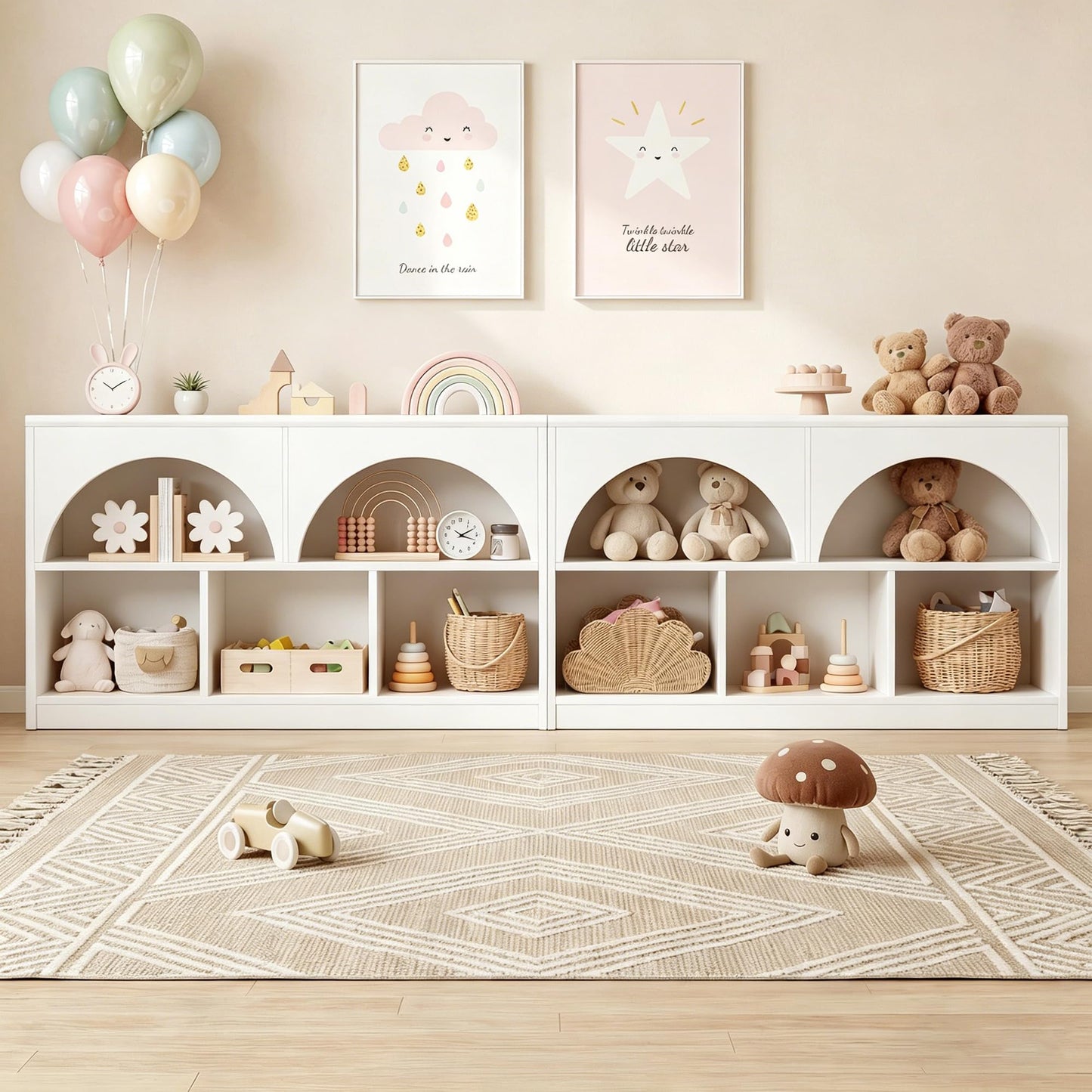 Fatmok 2-Shelf Bookcase Set of 2, Arched Design Wooden Toy Storage Organizer and Storage for Books Toys, 5-Section Montessori Bookshelf for Kids Rooms, Playroom, Nursery, Kindergarten (White)