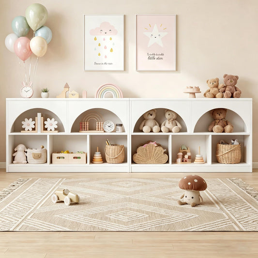 Fatmok 2-Shelf Bookcase Set of 2, Arched Design Wooden Toy Storage Organizer and Storage for Books Toys, 5-Section Montessori Bookshelf for Kids Rooms, Playroom, Nursery, Kindergarten (White)