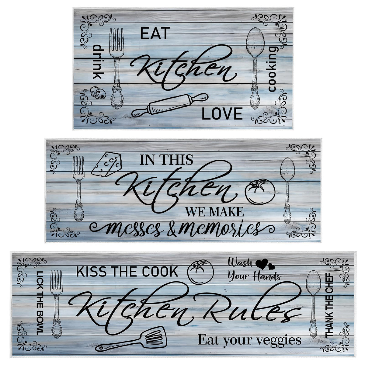 Wauprant 3 Pieces Farmhouse Kitchen Rug Sets with Quotes, Non-Slip Washable Kitchen Mats for Floor, Rustic Wood Grain Kitchen Decor Rugs for Laundry, Hallway, Kitchen (Wood Grey)