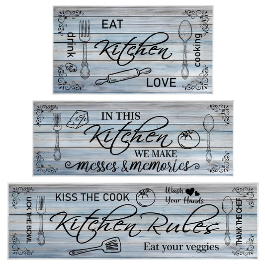 Wauprant 3 Pieces Farmhouse Kitchen Rug Sets with Quotes, Non-Slip Washable Kitchen Mats for Floor, Rustic Wood Grain Kitchen Decor Rugs for Laundry, Hallway, Kitchen (Wood Grey)
