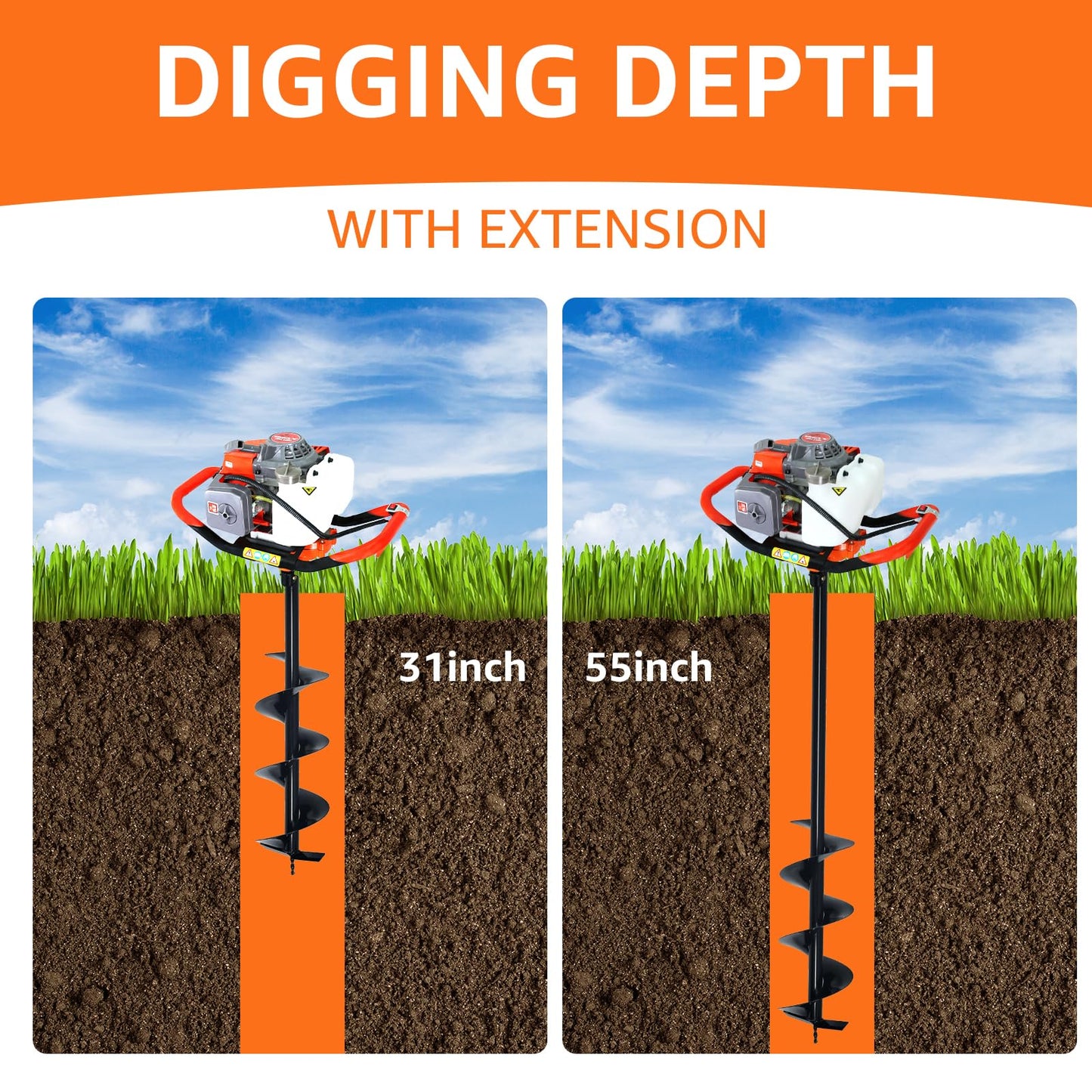XJADQW 72CC 2-Stroke Gas Powered Post Hole Digger with 4" & 8" & 12" Auger Bits + 24“ & 24" Extension Rod, Heavy Duty Earth Auger for Farm, Garden, Landscaping, Construction