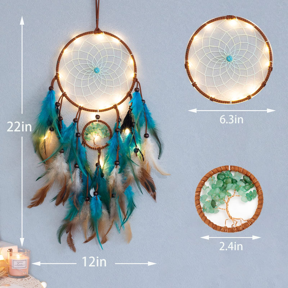 Dream Catcher Tree of Life with Feathers, Mobile LED Fairy Lights