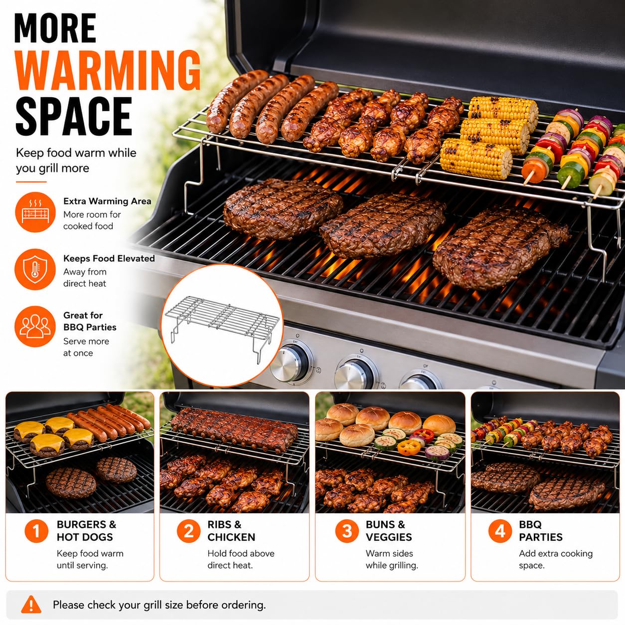 Hisencn Universal Grill Rack for Gas/Wood Pellet/Griddle/Smoker Grill, Adjustable Warming Rack, Upper Rack with Foldable Leg, Adjustable Length 15.3-22.1 in (Universal Grill Rack)