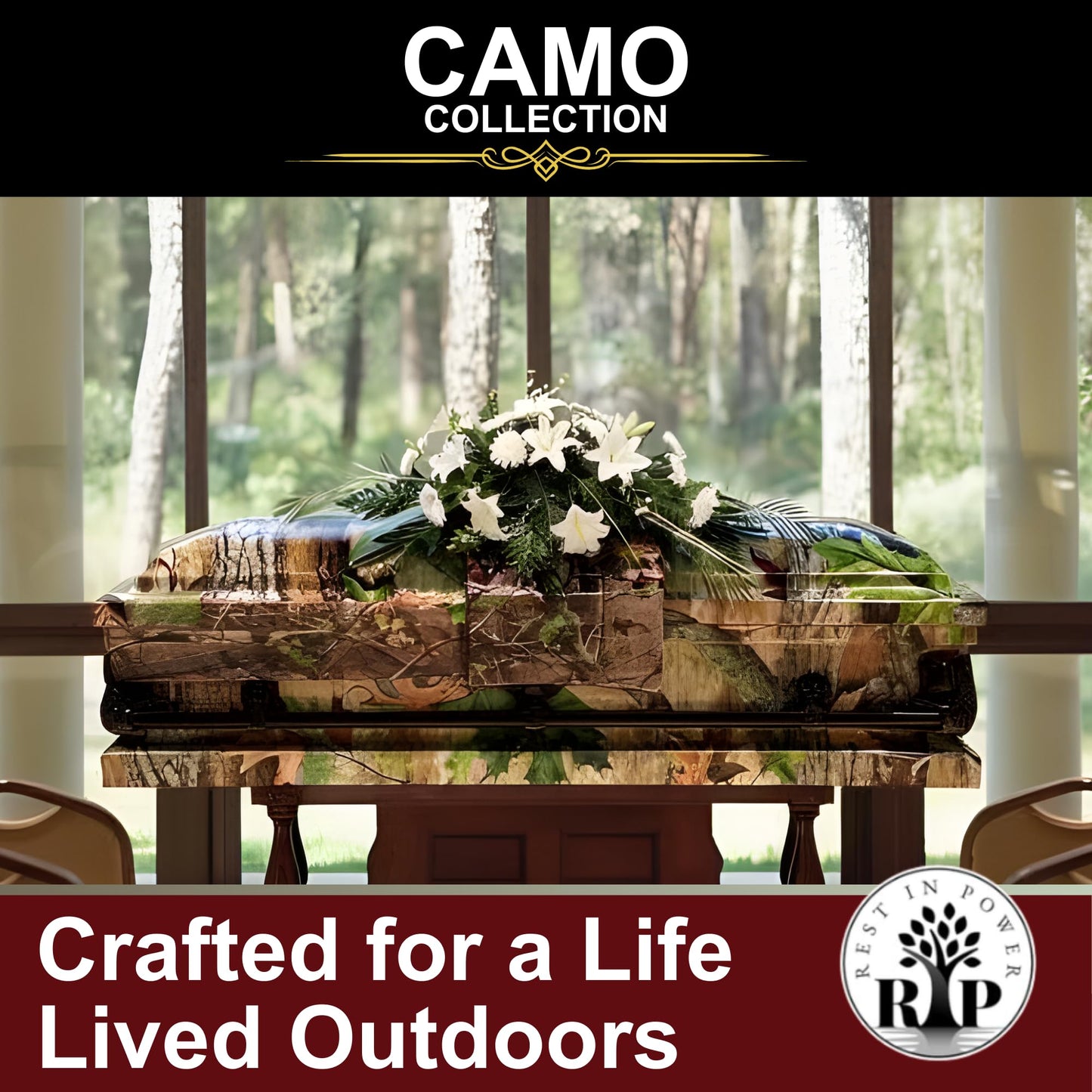 Rest In Power Premium Camo Burial Casket for Humans – Elegant Caskets and Burial Coffins for Adults with Lush Comfort Plus Interior (Green)